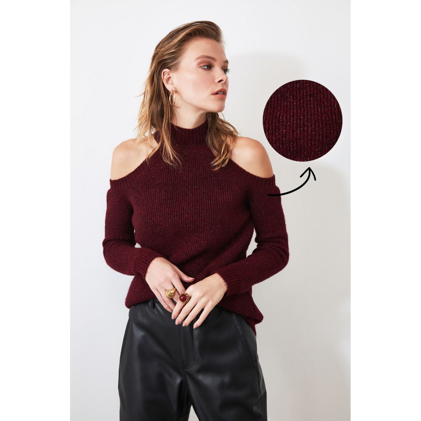 Trendyol Burgundy Glitter Cut-Out Detailed Knitwear Sweater