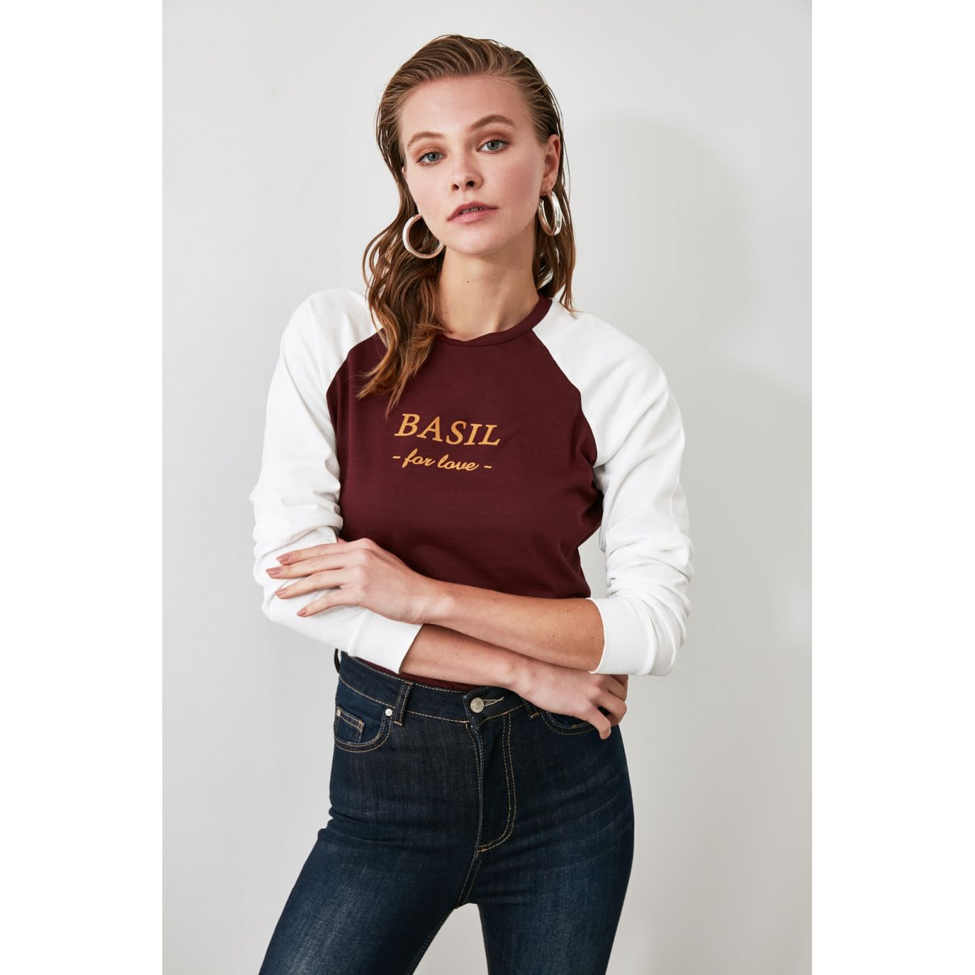 Trendyol Bordeaux Color Block Printed Basic Long Sleeve Knitting T-Shirt