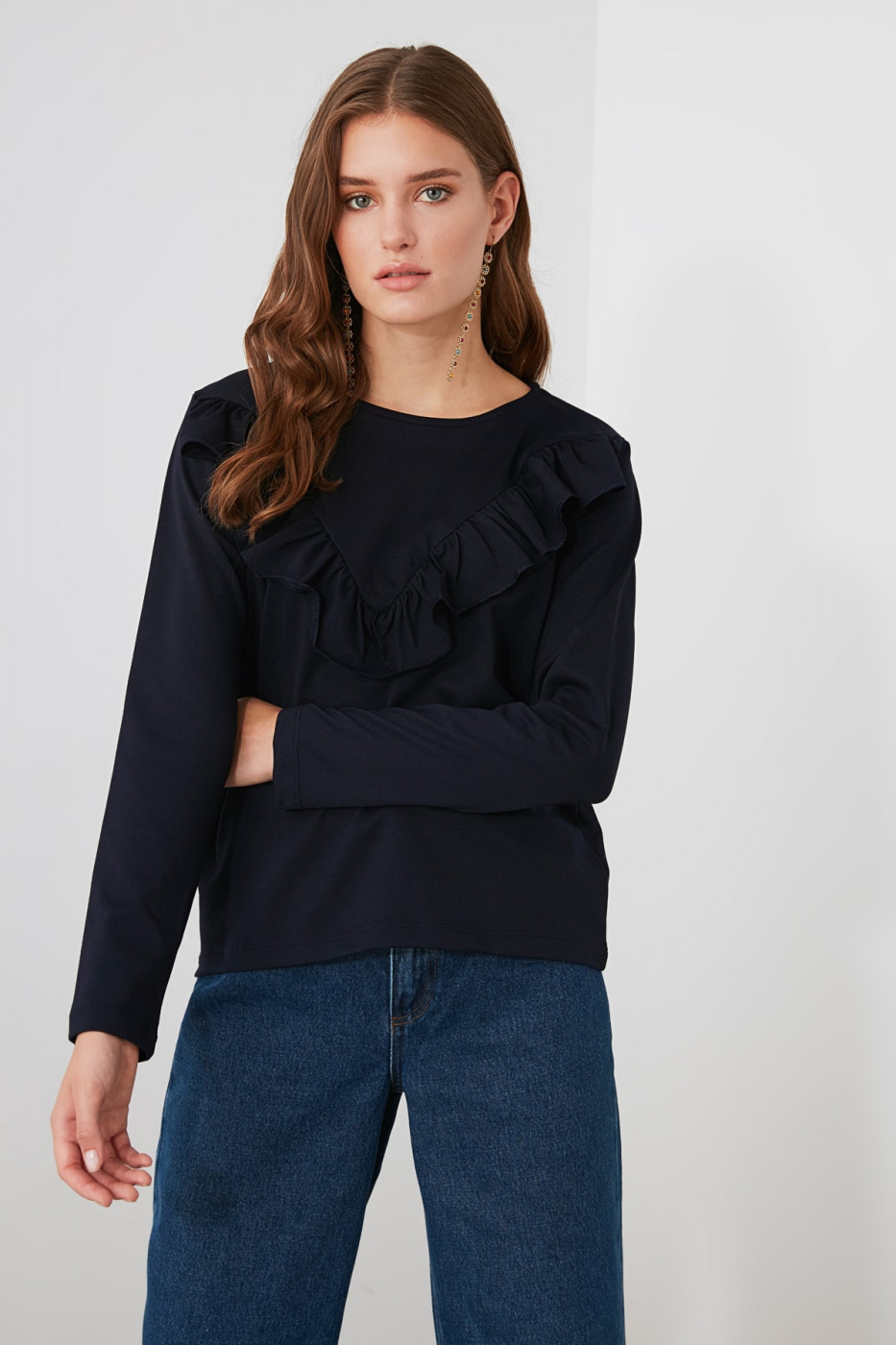 Trendyol Navy Frill Knitted Blouse