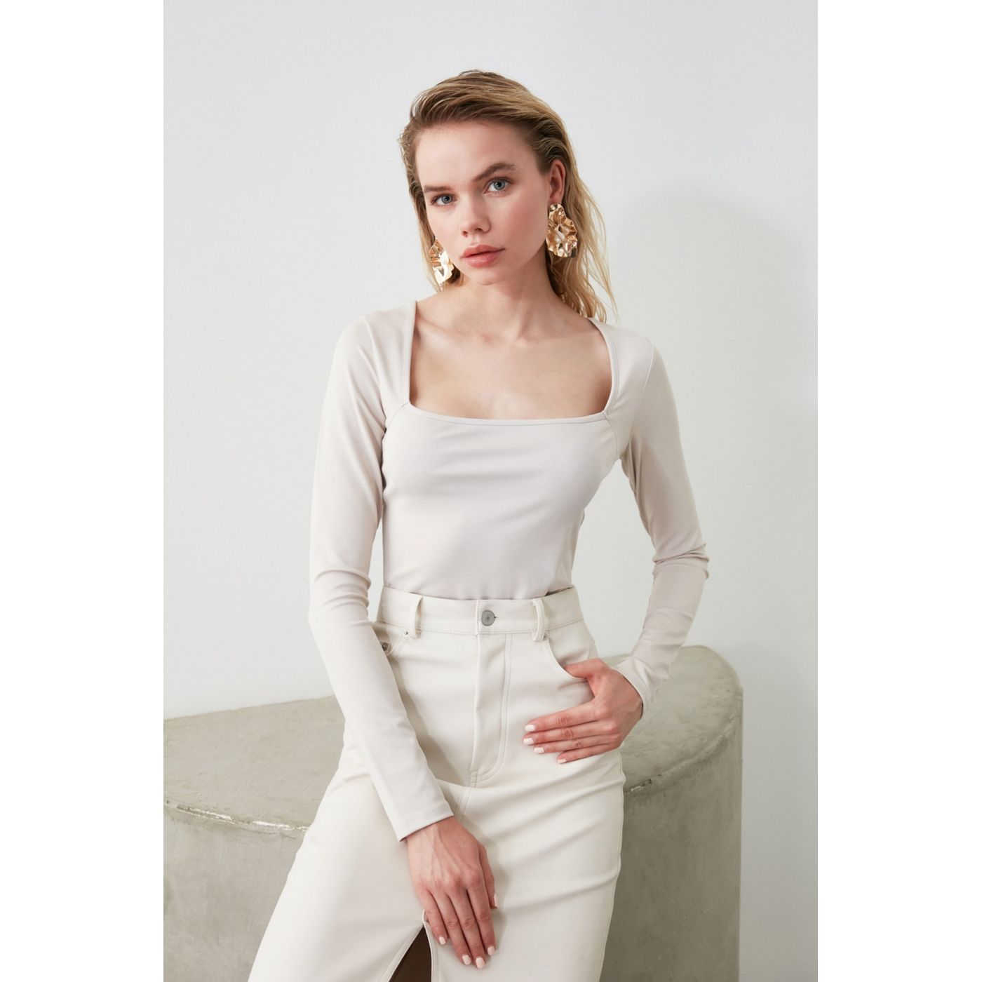 Trendyol Stone Square Collar Knitted Blouse