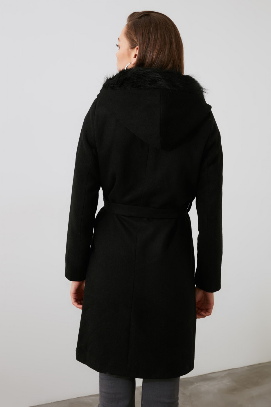Trendyol Black Fur Hood Detailed Arched Woollen Cachet Coat