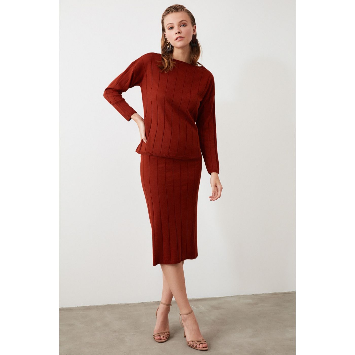 Trendyol Cinnamon Boat Collar Skirt Sweater Knitwear Bottom-Top Team