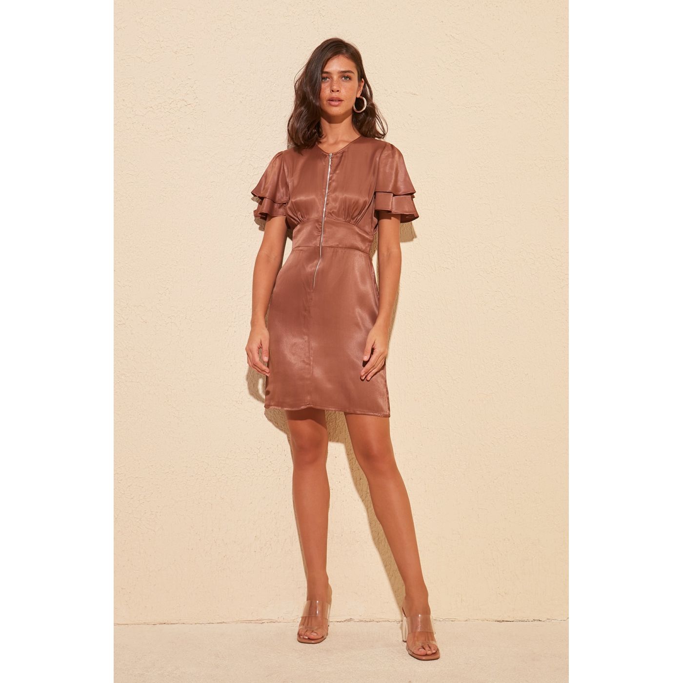 Trendyol Taba Zippered Satin Dress