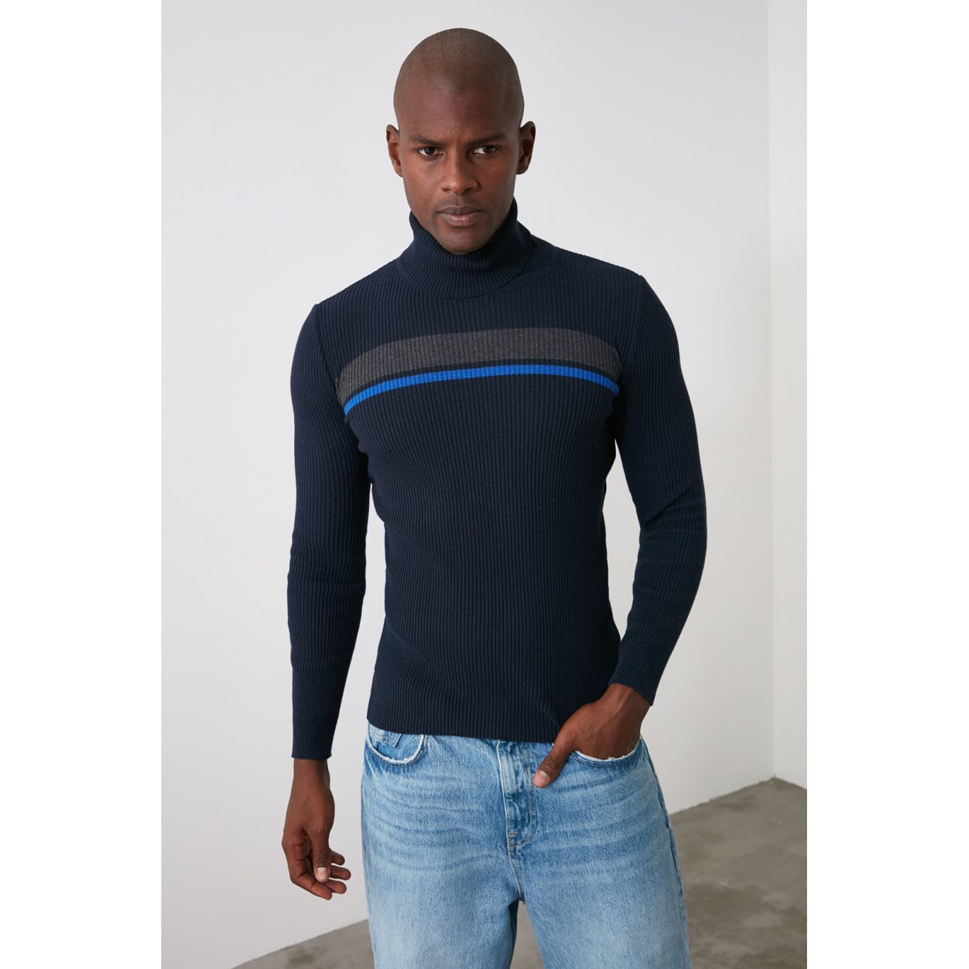 Trendyol Navy Men's Paneled Bakıkçı Collar Knitwear Sweater