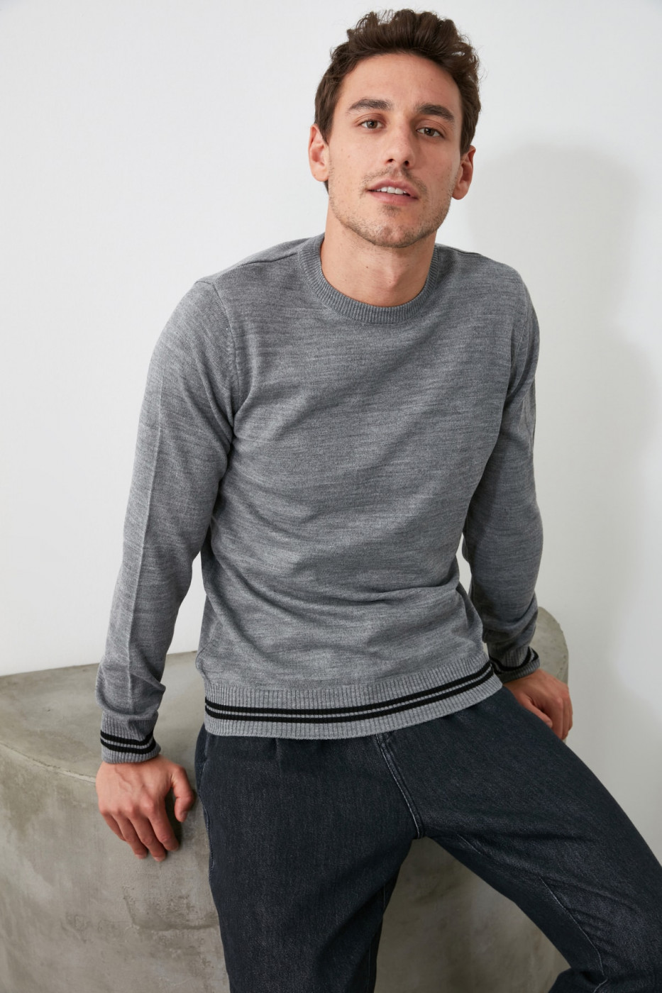 Trendyol Grey Men's Bike Collar Slim Fit Knitwear Sweater