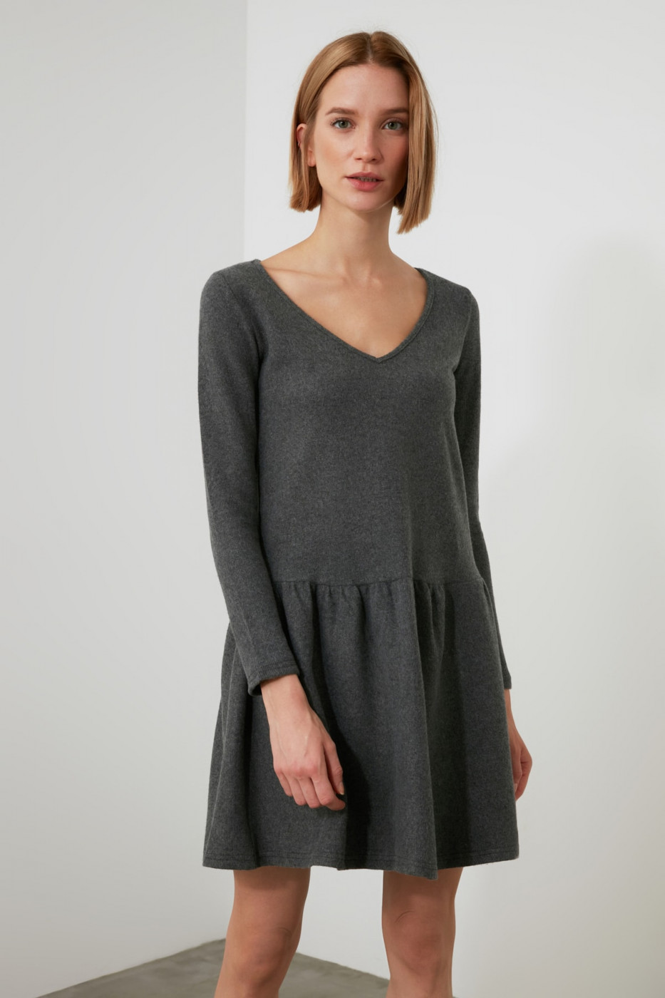 Trendyol Anthracite V-Neck Knitted Dress