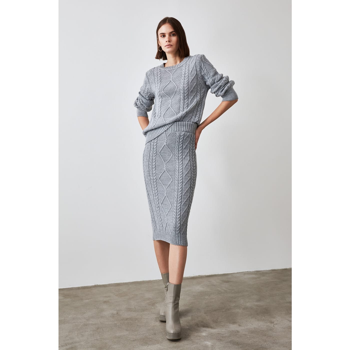 Trendyol Grey Mesh Detailed Skirt Sweater Knitwear Suit