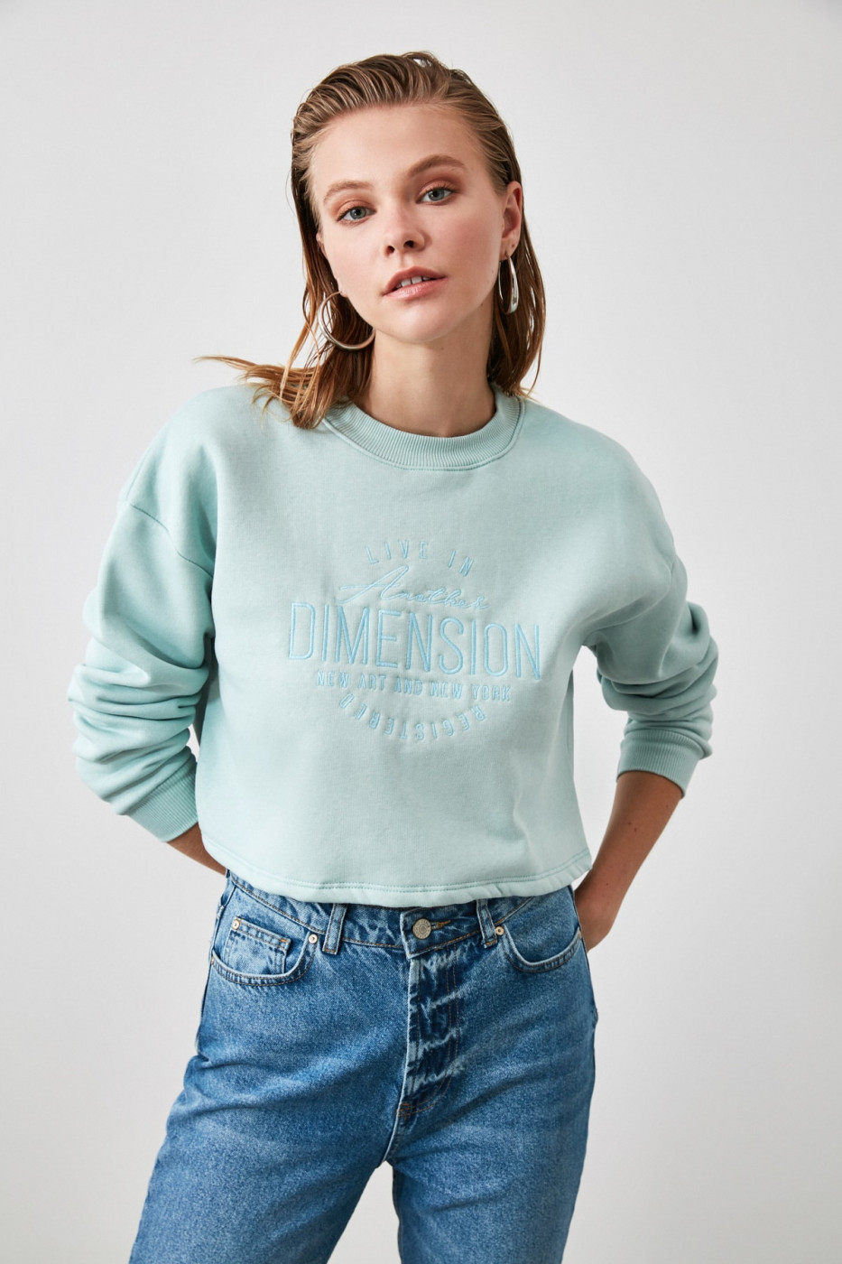 Trendyol Mint Embroidered Upright Collar Crop Knitted Sweatshirt