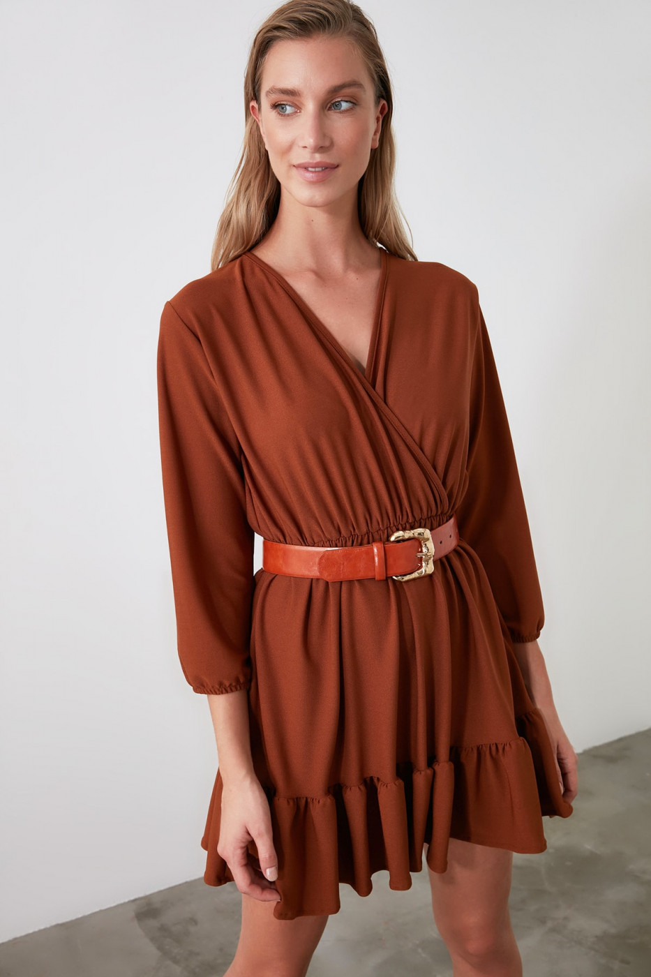 Trendyol Cinnamon Cruise Collar Flywheel Knitted Dress