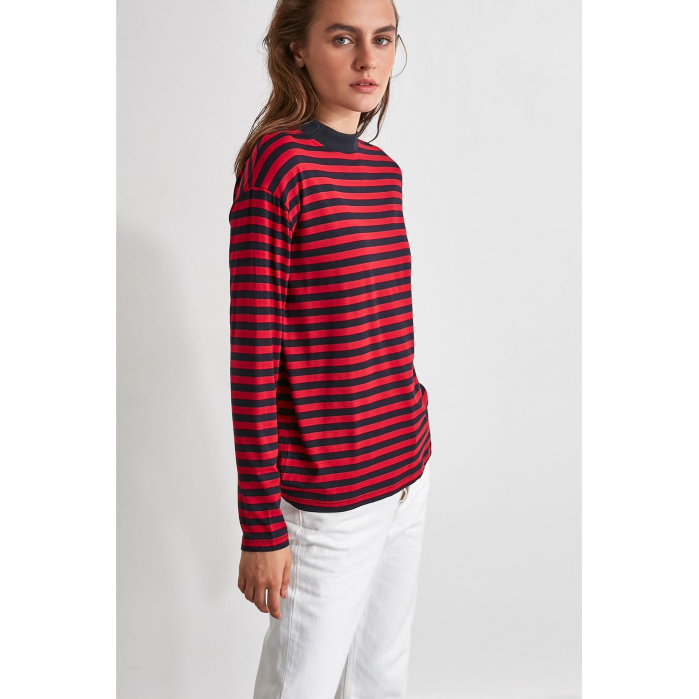 Trendyol Burgundy Striped Sheer Collar Knitted T-Shirt