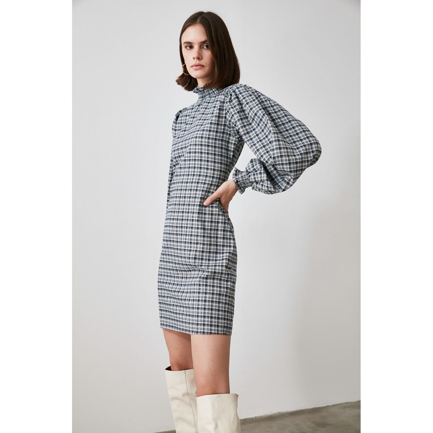 Trendyol Multicolored Plaid Balloon Sleeve Gipe Detailed Dress