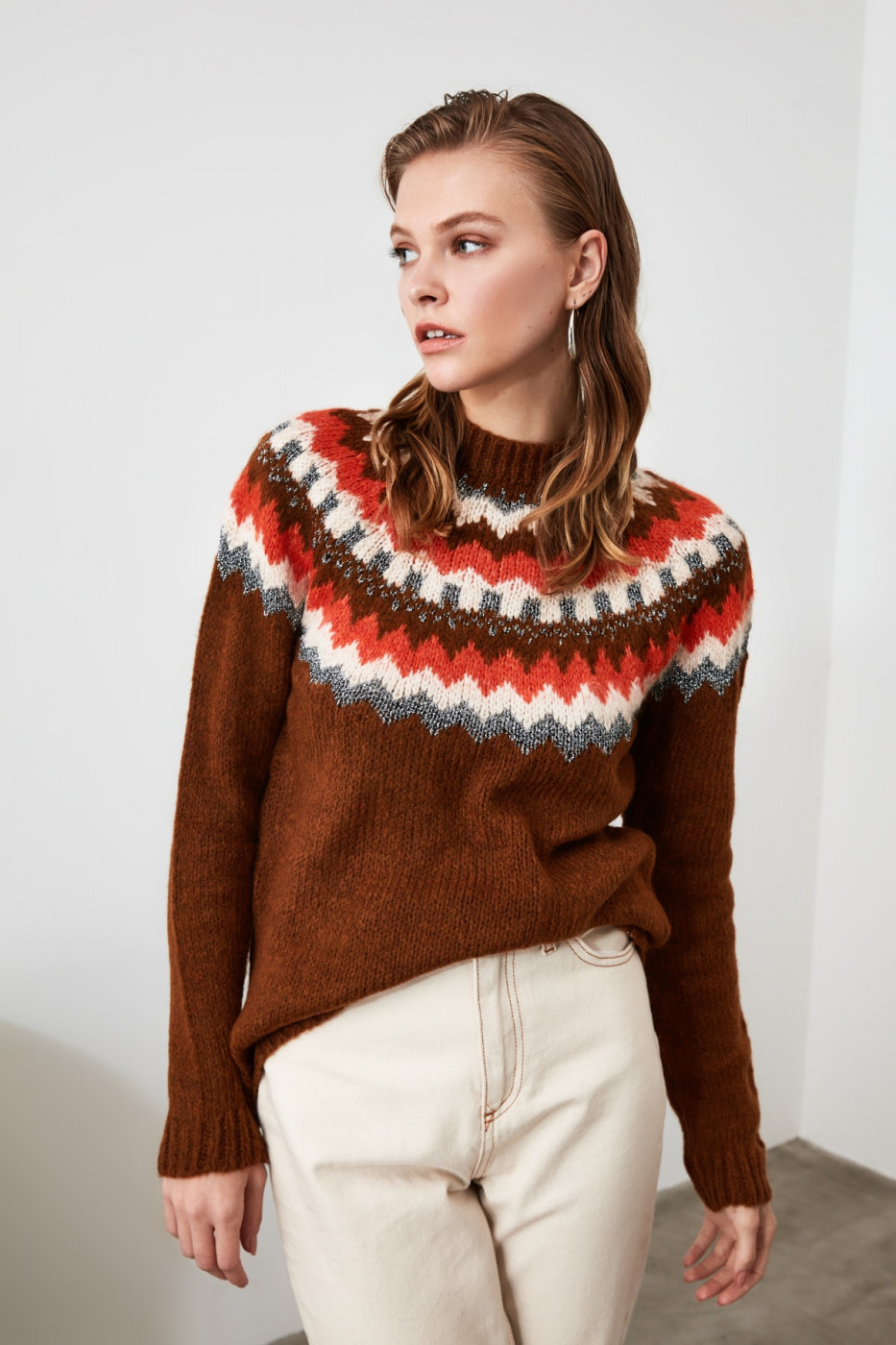 Trendyol Brown Jacquard Sim Detailed Knitwear Sweater
