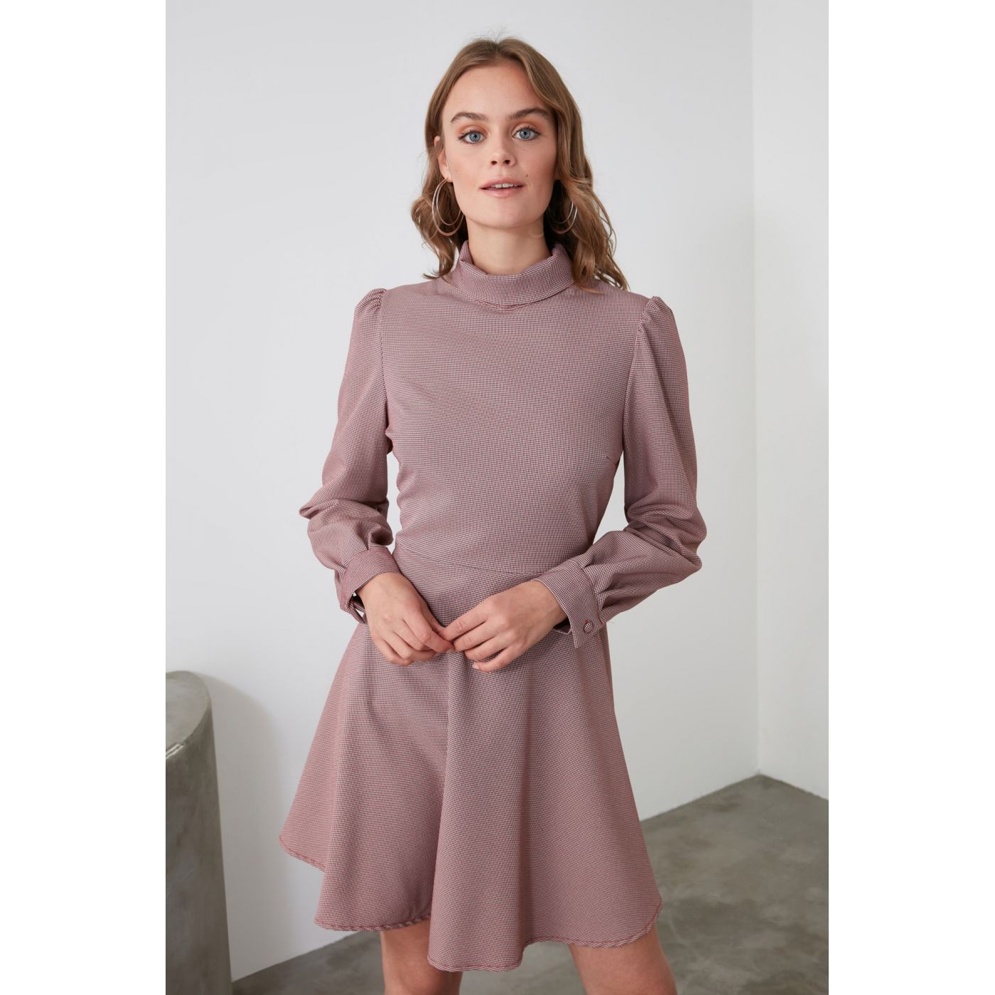 Trendyol Red Goose Foot Patterned Sheer Neckline Dress