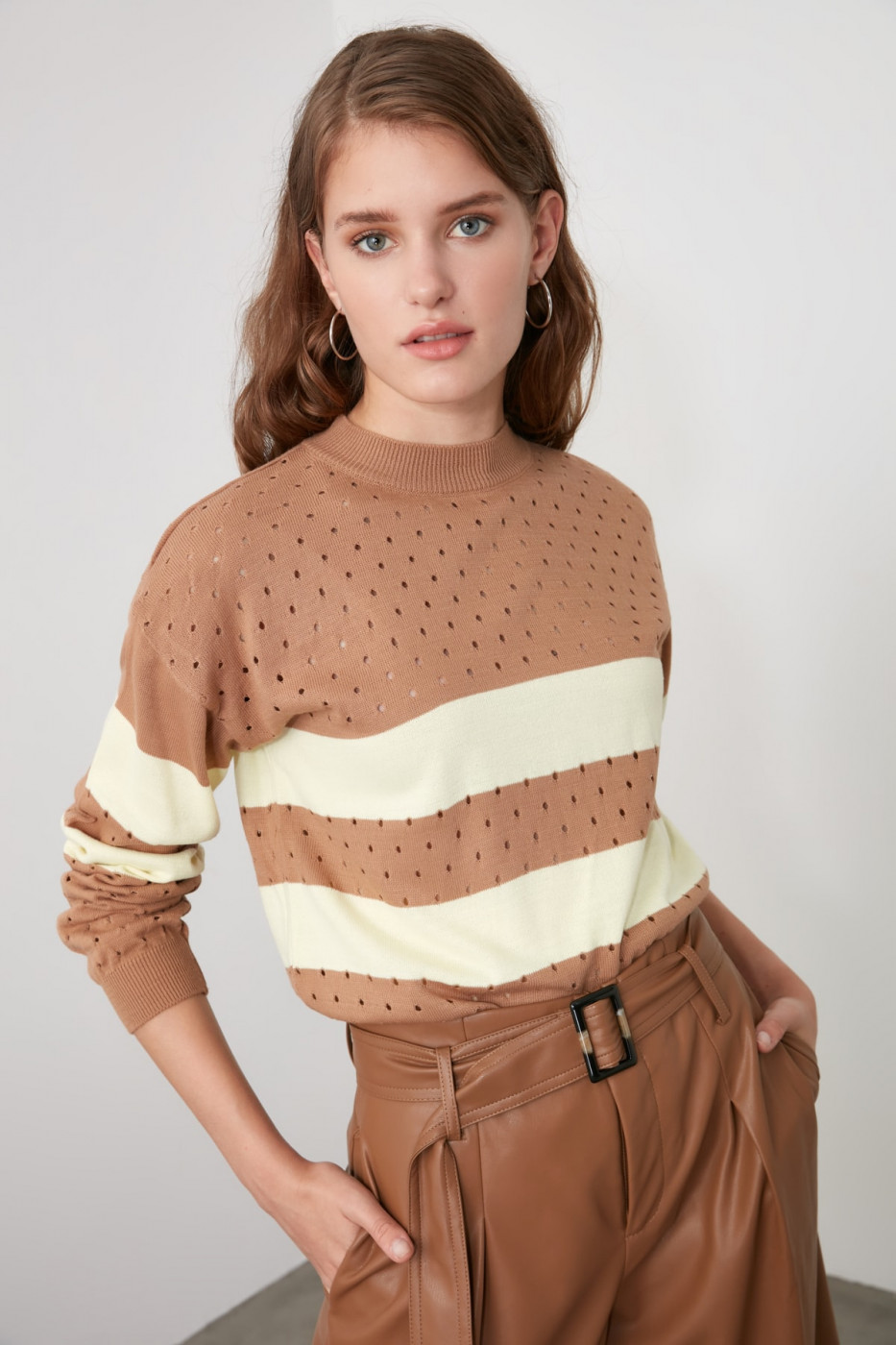 Trendyol Camel Striped Blindk Sweater