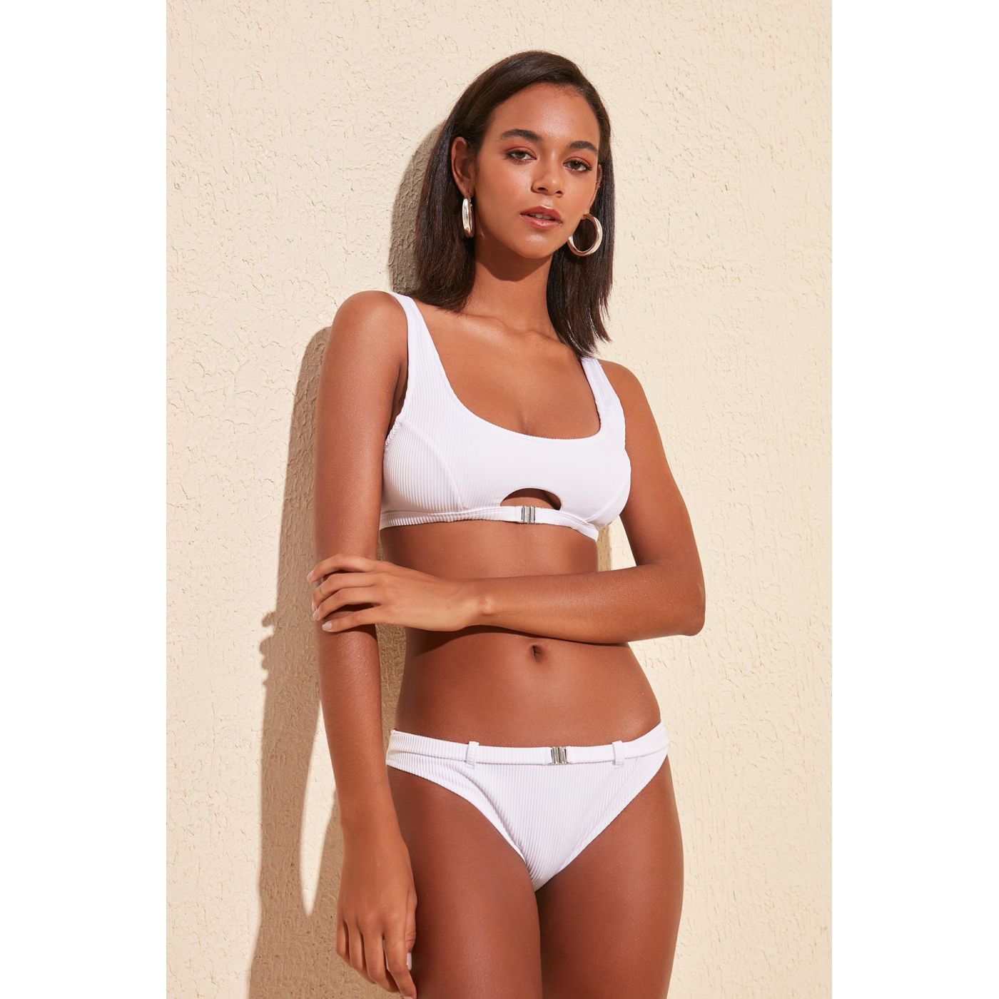 Trendyol White Textured Belt Detailed Bikini bottom