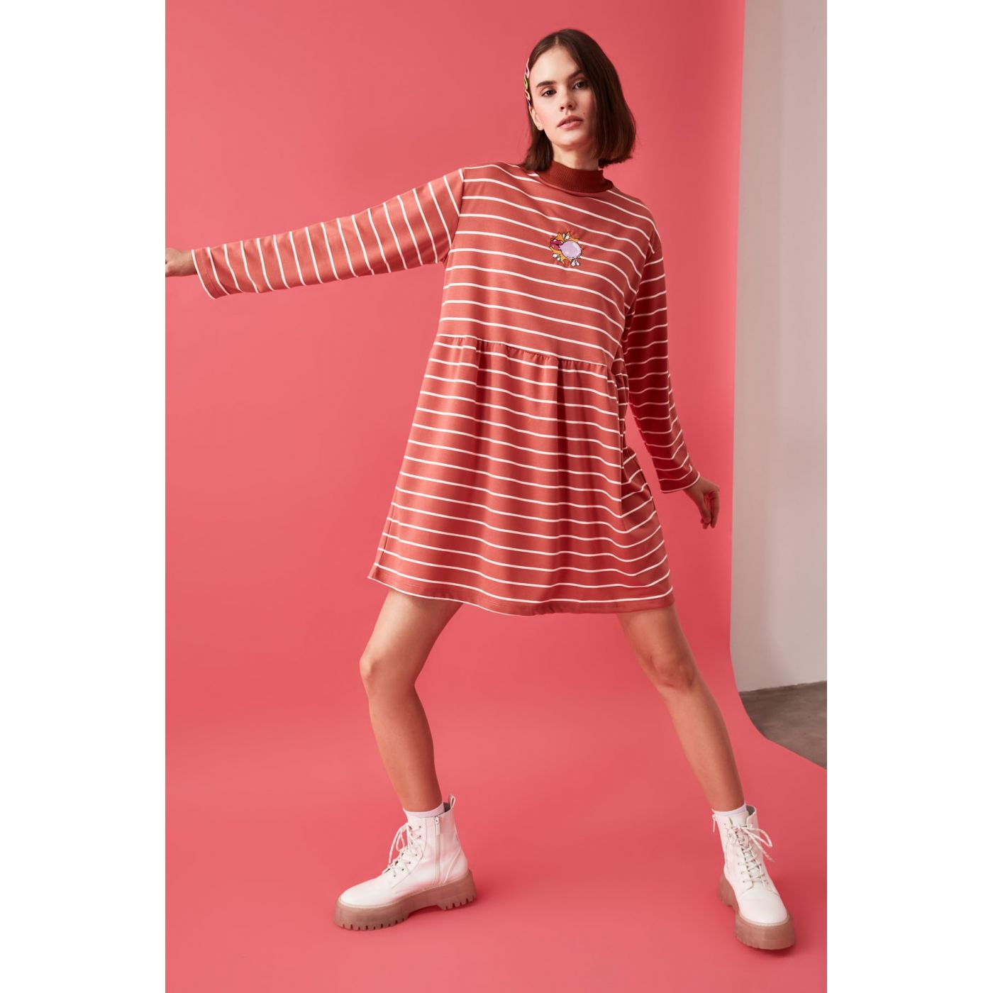 Trendyol Rose Dry Striped Knitted Sweat Dress