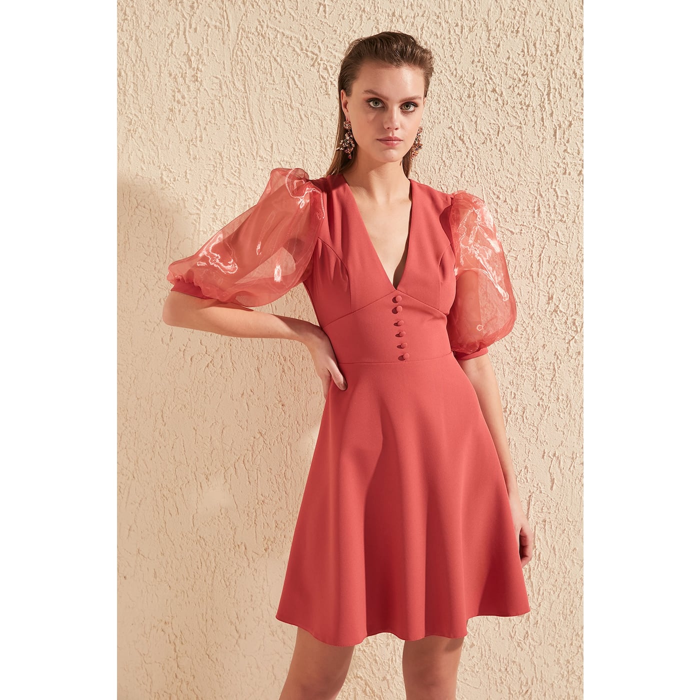 Trendyol Rose Dry Organza Sleeve Detailed Dress