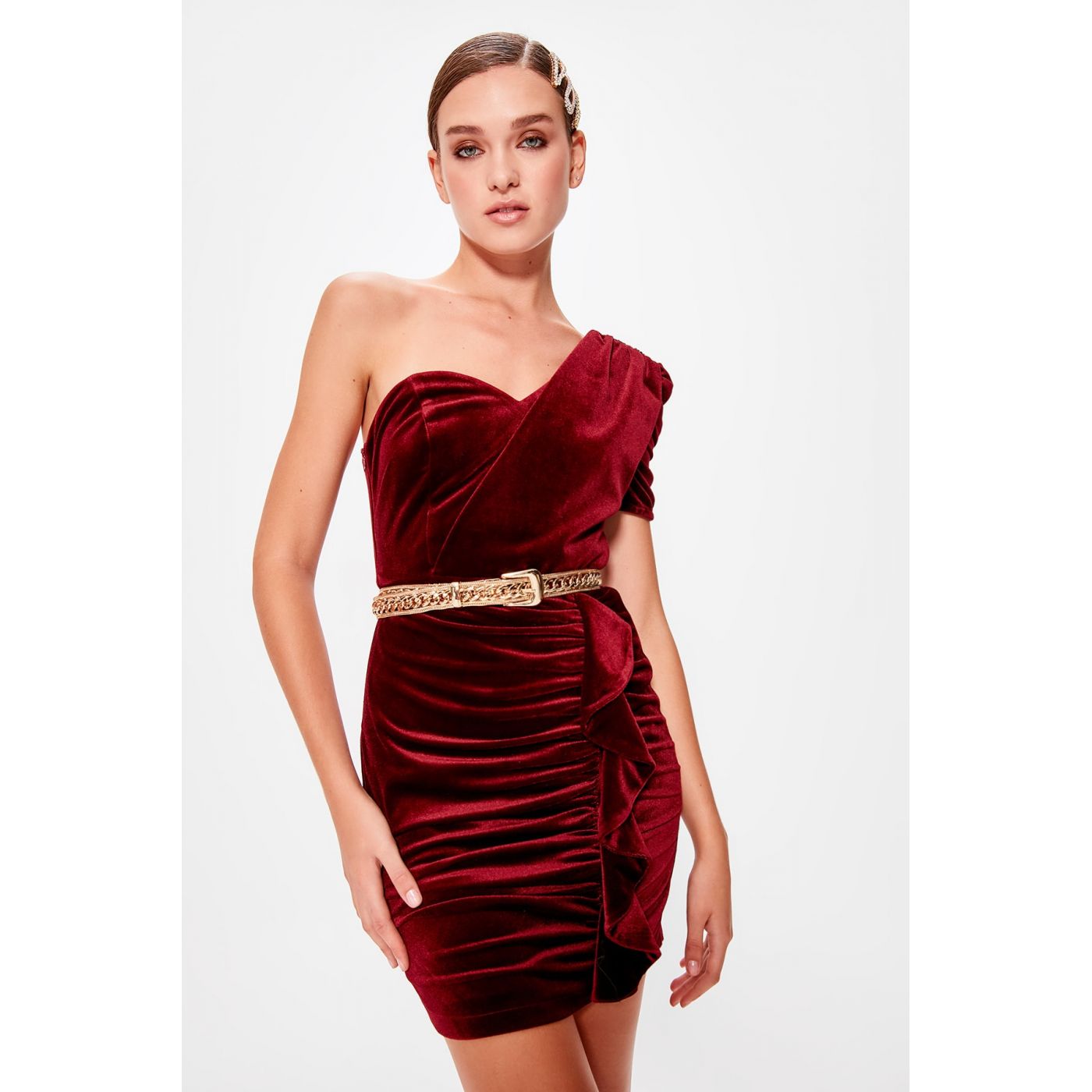 Trendyol Burgundy Drape Detailed Velvet Dress