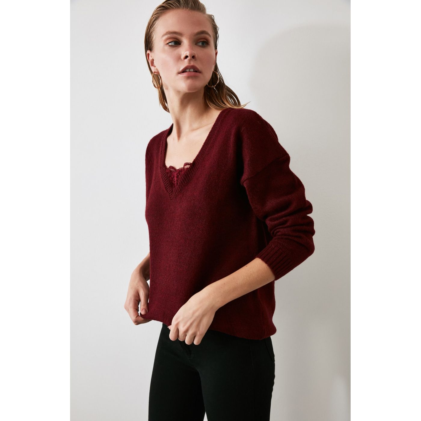 Trendyol Burgundy Lace Detailed Knitwear Sweater