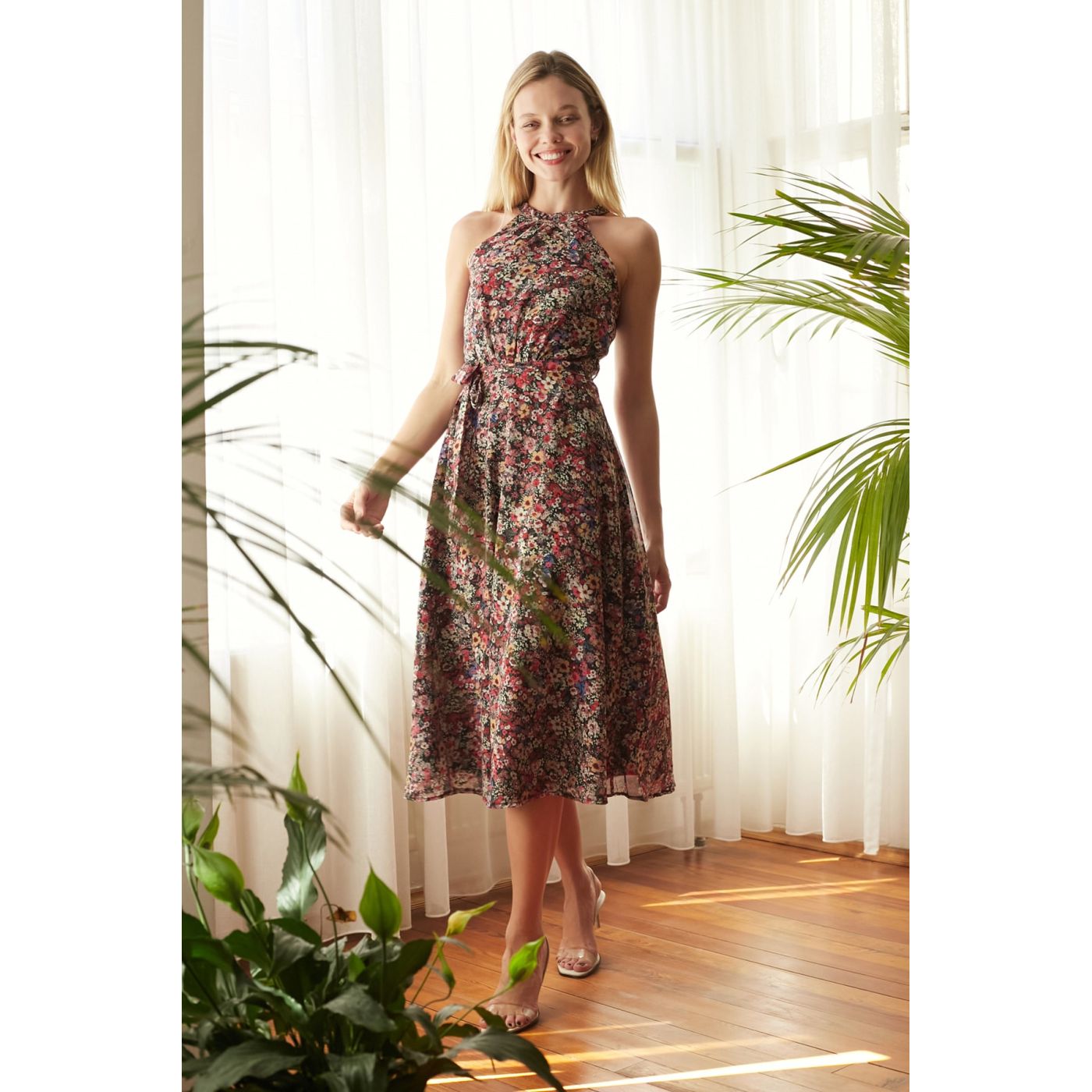 Trendyol Black Belted Floral Patterned Halter Neck Line Dress