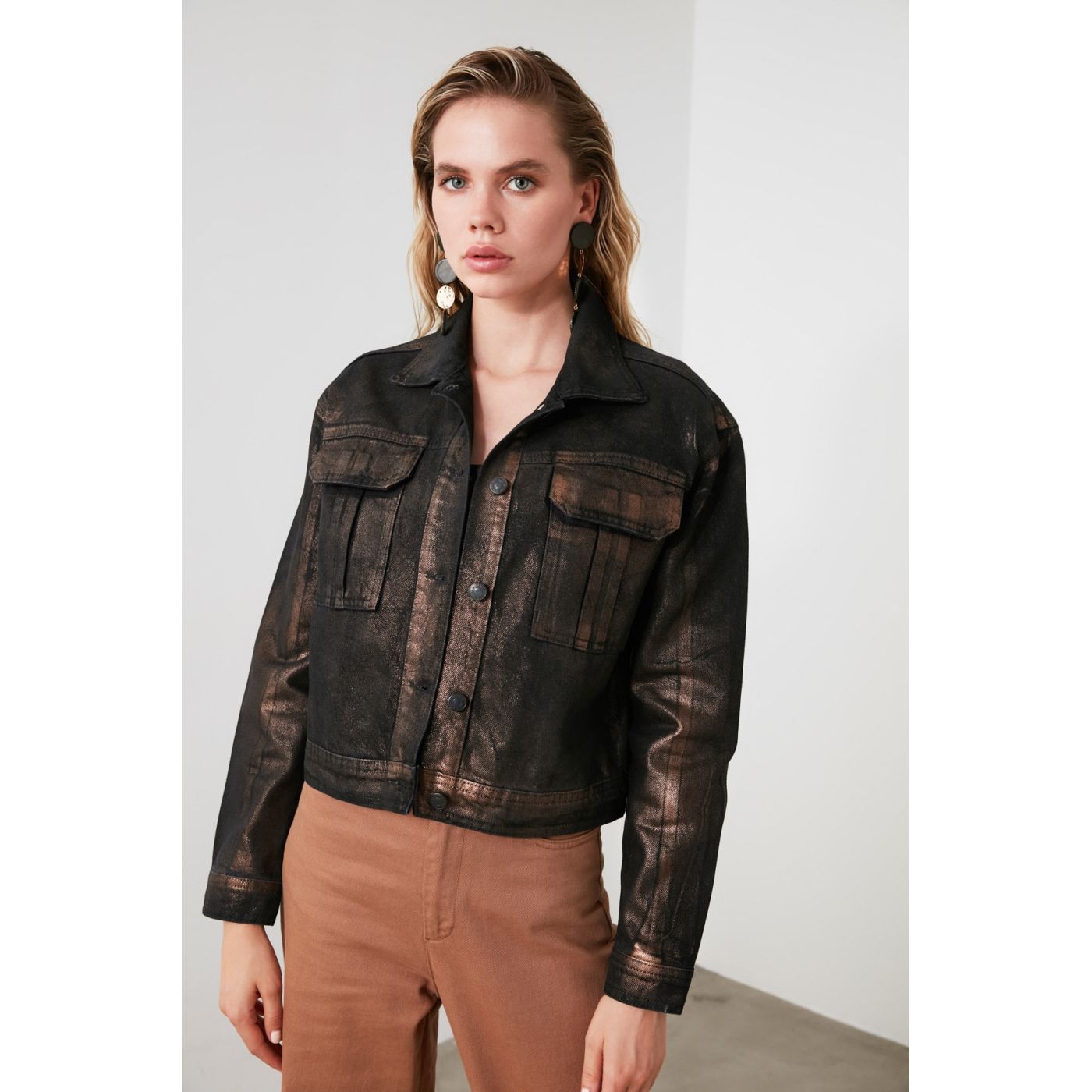 Trendyol Black Leaf Printed Denim Jacket