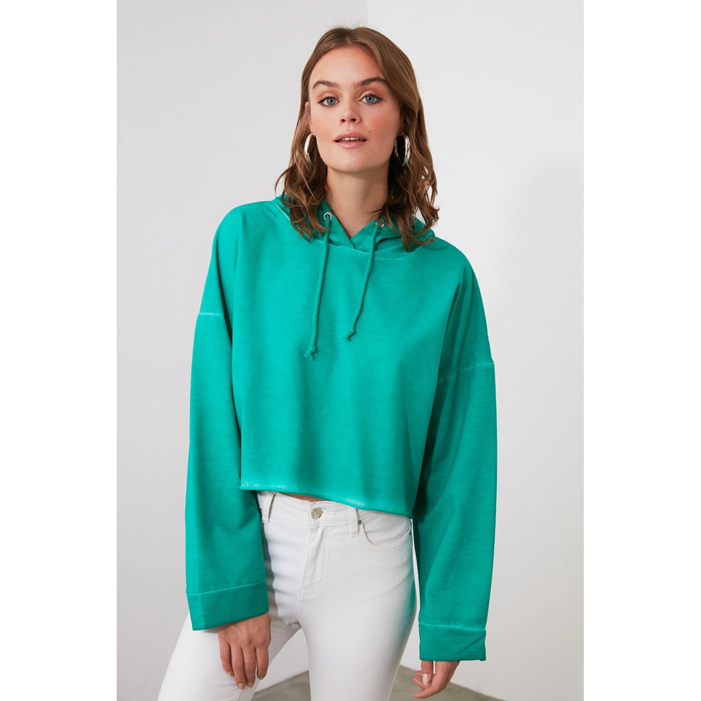 Trendyol Green Hooded Wash Crop Knitted Sweatshirt