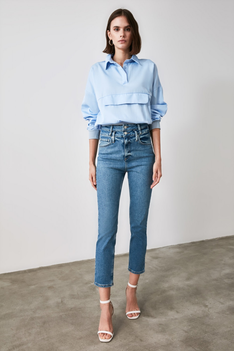 Trendyol Blue Waist Detailing High Waist Slim Fit Jeans