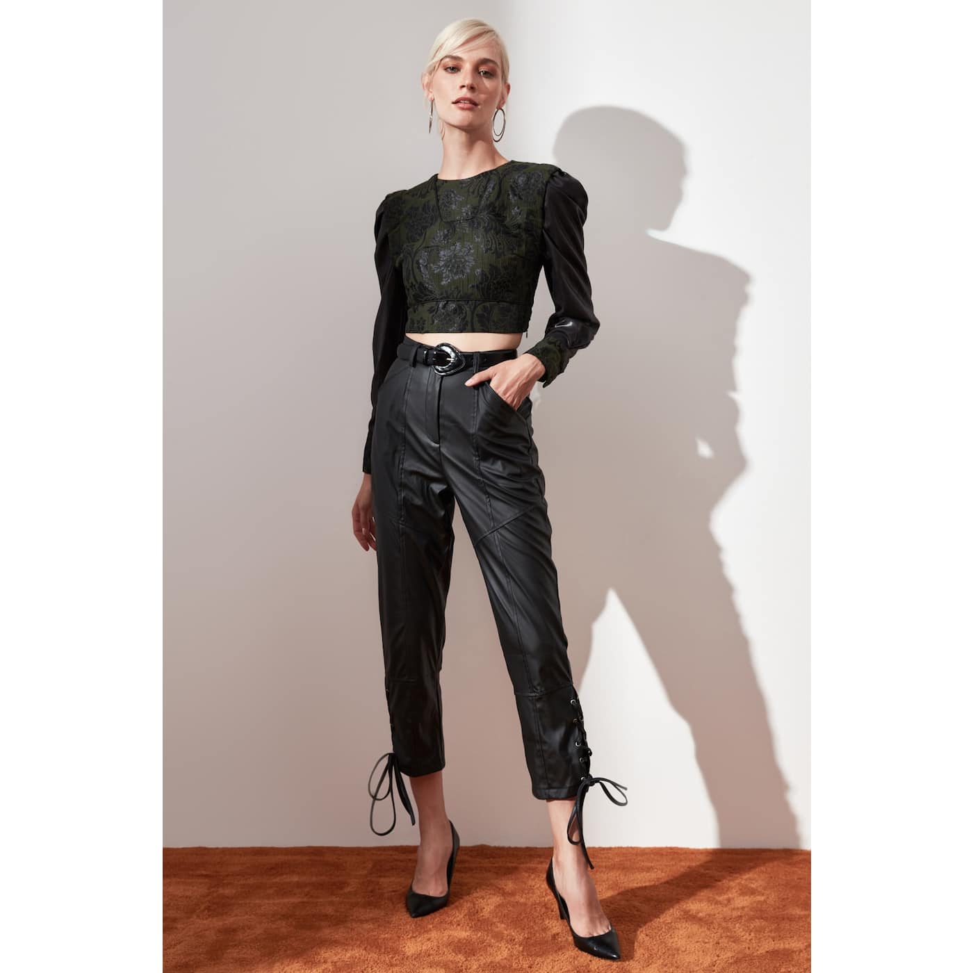 Trendyol Black Bird's Eye Detailed Belted Trousers