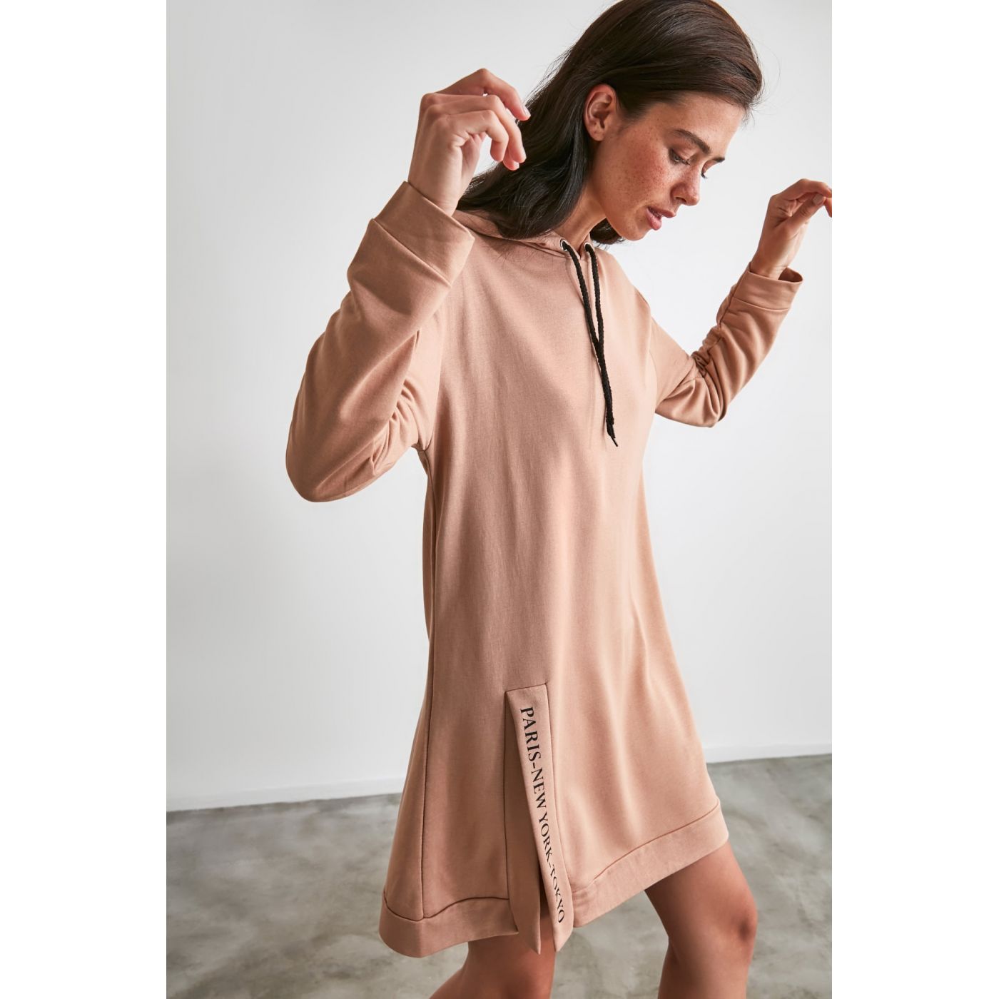 Trendyol Beige Printed Washer Detailed Knitted Sweatshirt