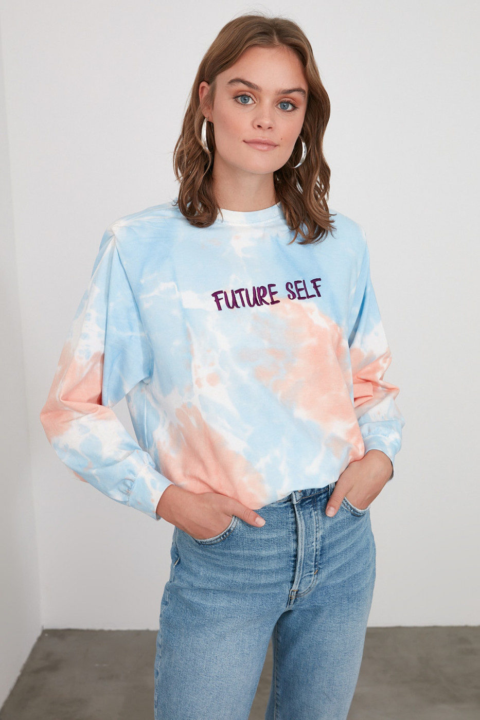 Trendyol Blue Embroidered Wattle Basic Knitted Sweatshirt