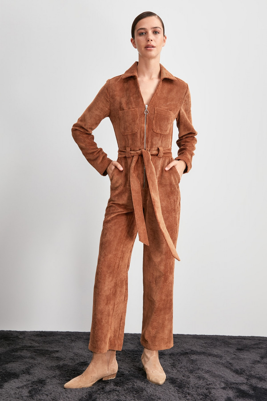 Trendyol Camel Velvet Jumpsuit