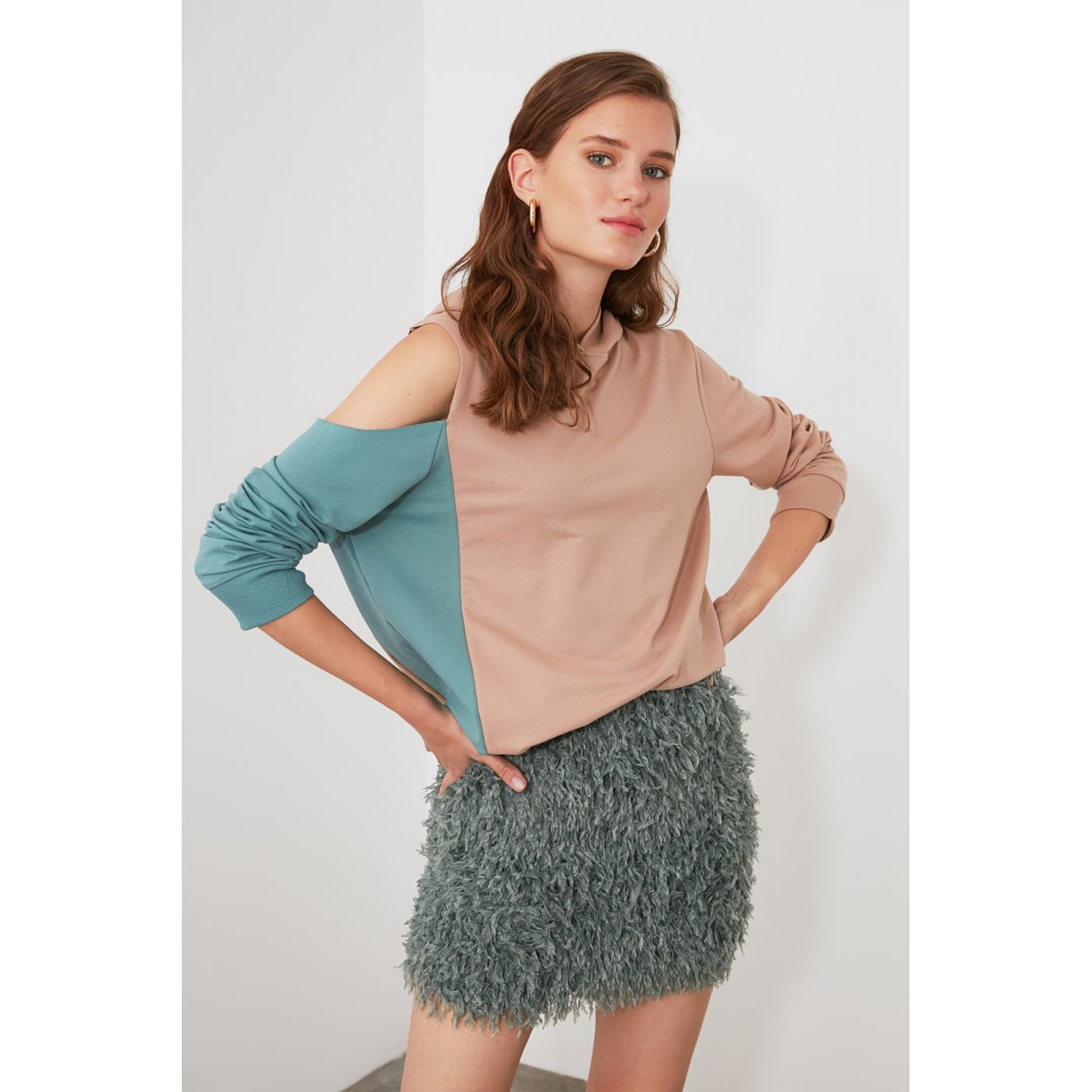 Trendyol Beige Shoulder Detailed Hooded Basic Knitted Sweatshirt