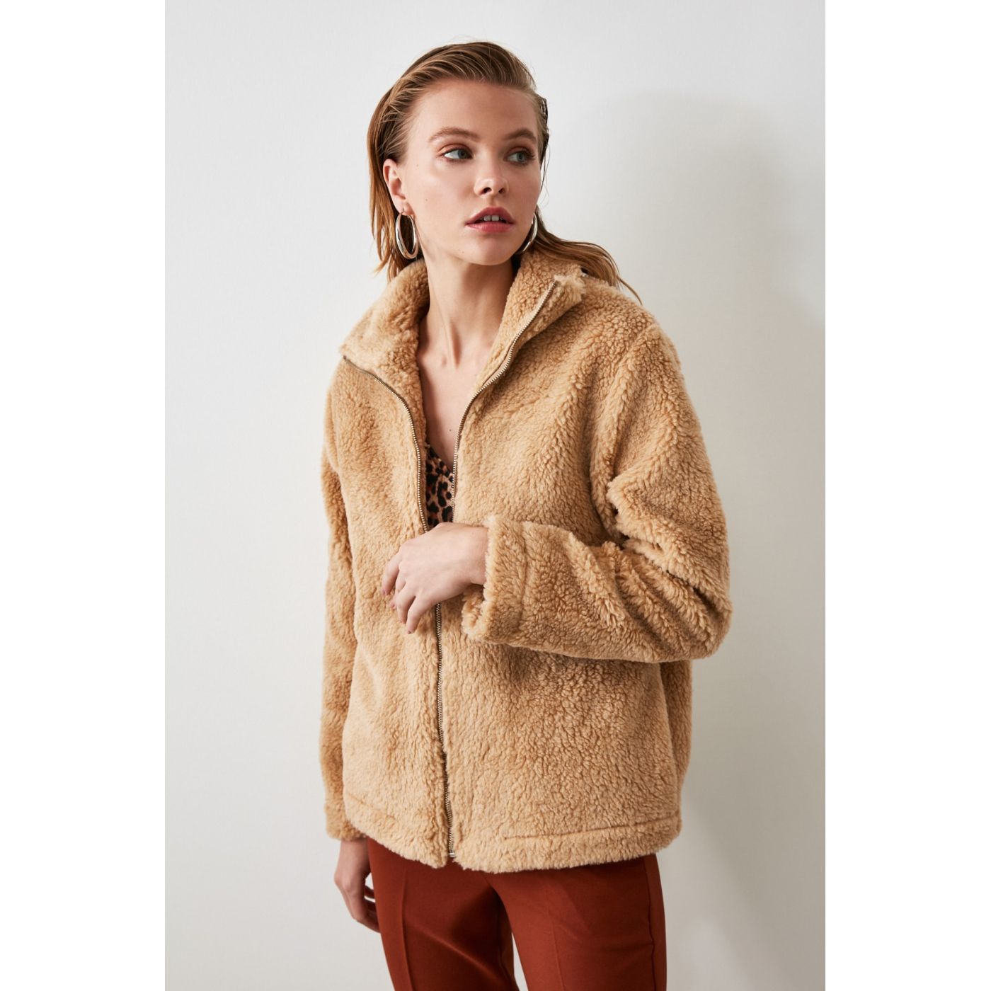 Trendyol Brown Steep Collar Zipper Closed Fur coat