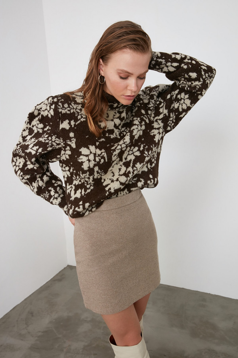 Trendyol Brown Flower Patterned Knitwear Sweater