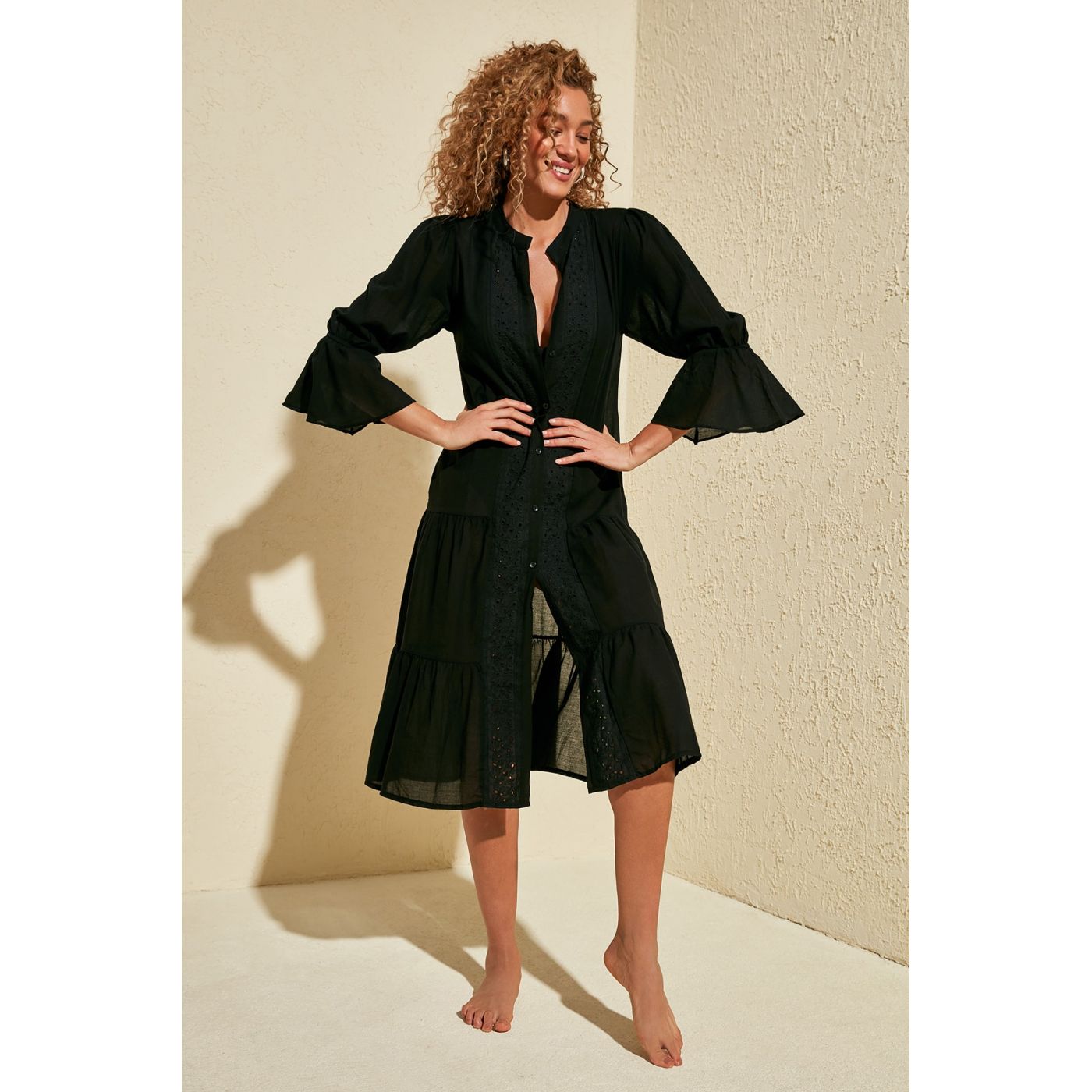 Trendyol Black Ribbon Accessory Detailed Sleeves Volal Kimono&Kaftan