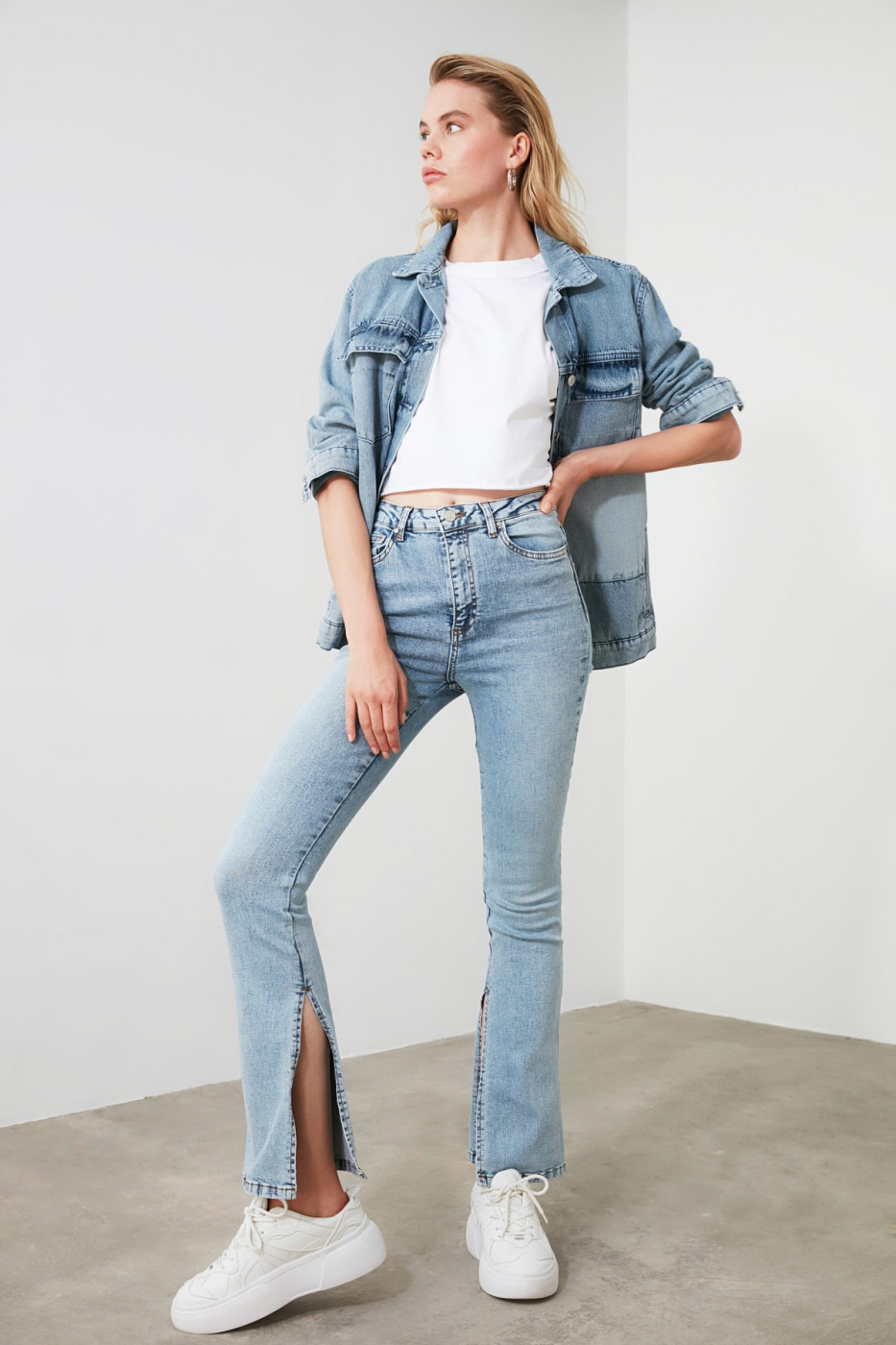 Trendyol Blue Slit High Waist Flare Jeans