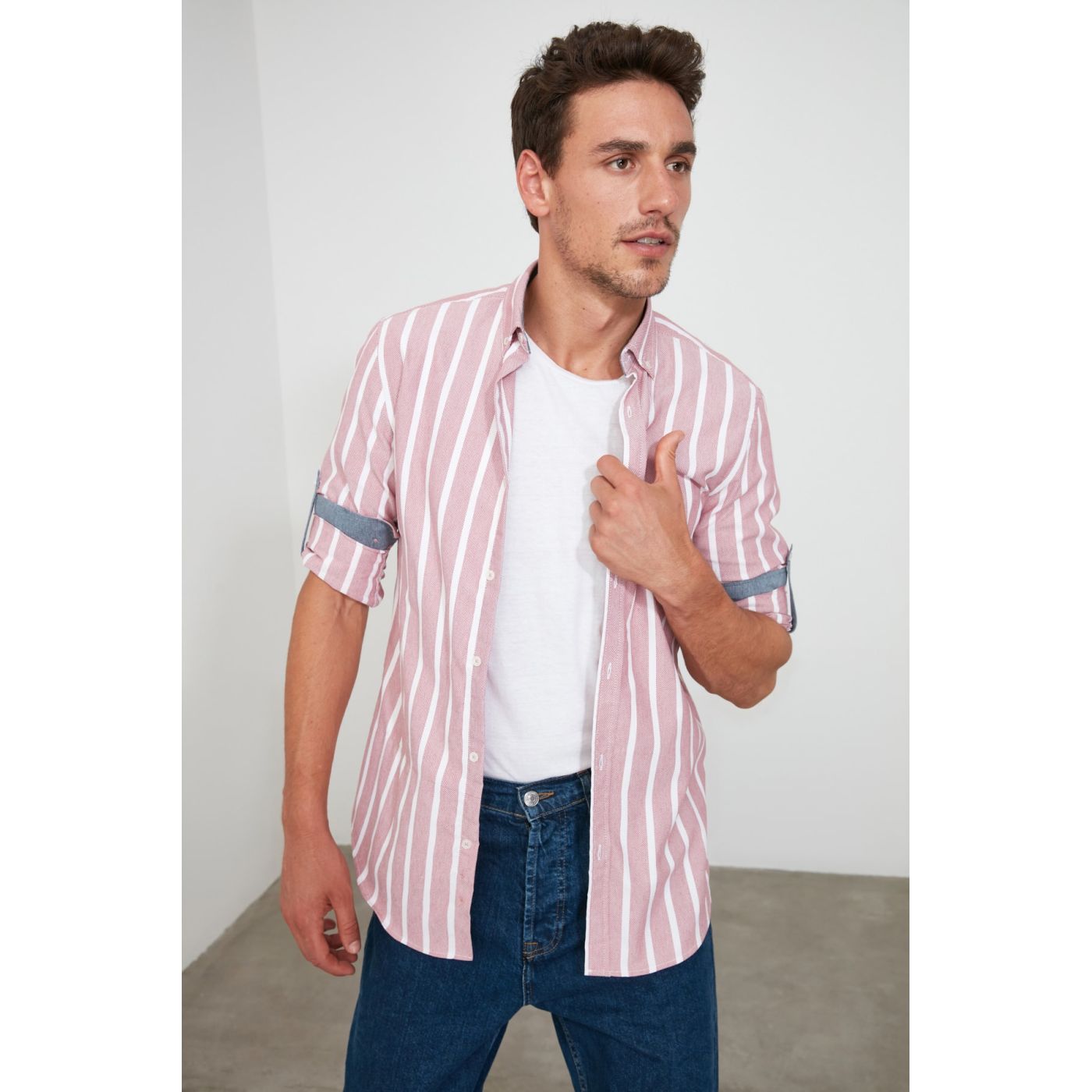 Trendyol Burgundy Men Striped Slim Fit Shirt