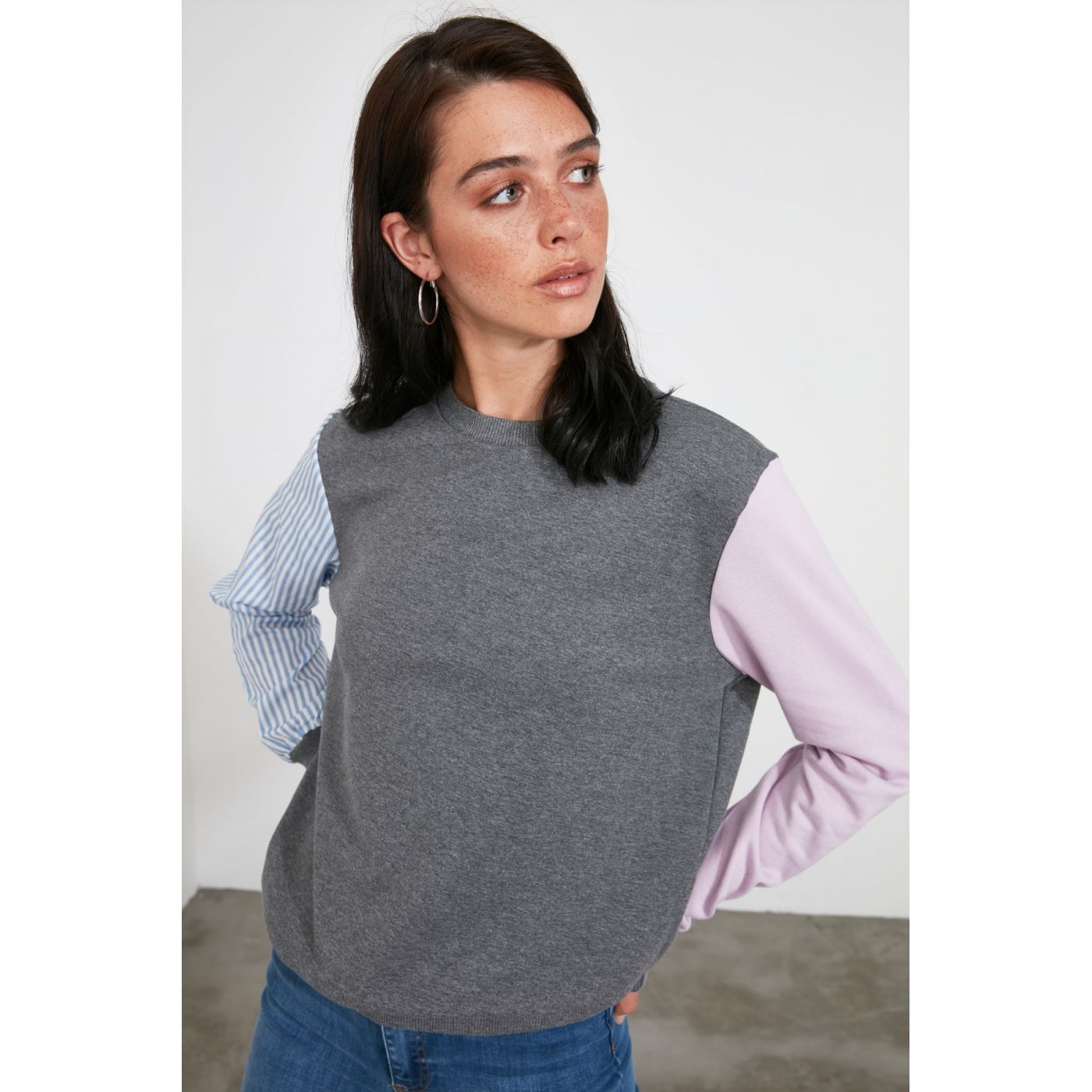 Trendyol Anthracite Color Block Basic Knitted Sweatshirt