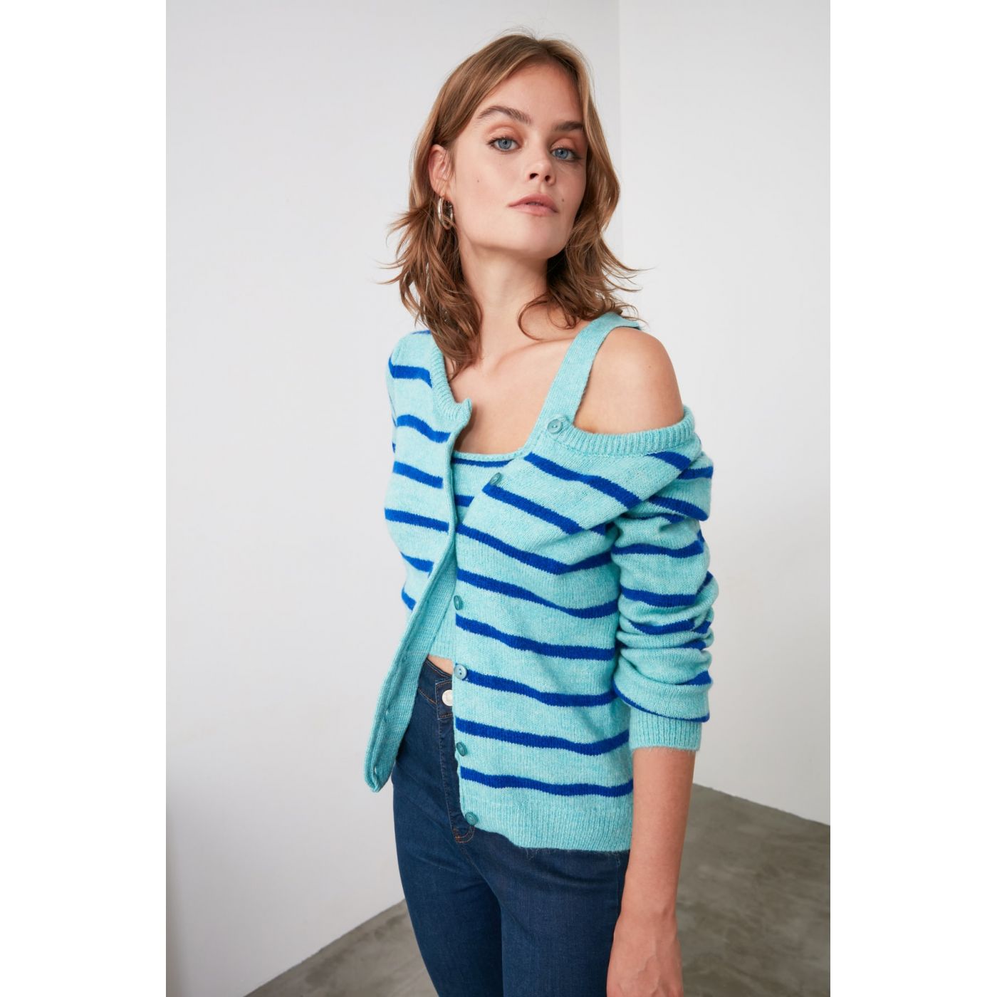 Trendyol Blue Striped Blouse Cardigan Knitwear Suit