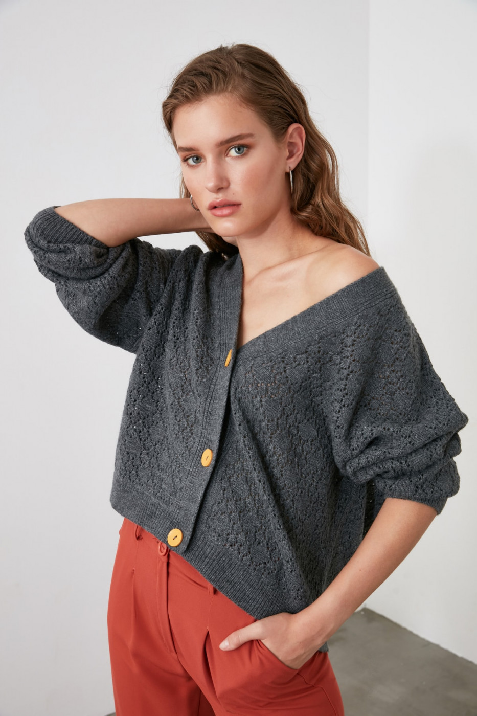 Trendyol Anthracite Heart Braided Knitwear Cardigan
