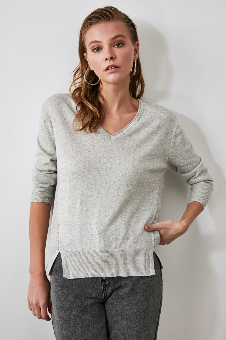 Trendyol Grey V Neck Slit Detailed Knitwear Sweater