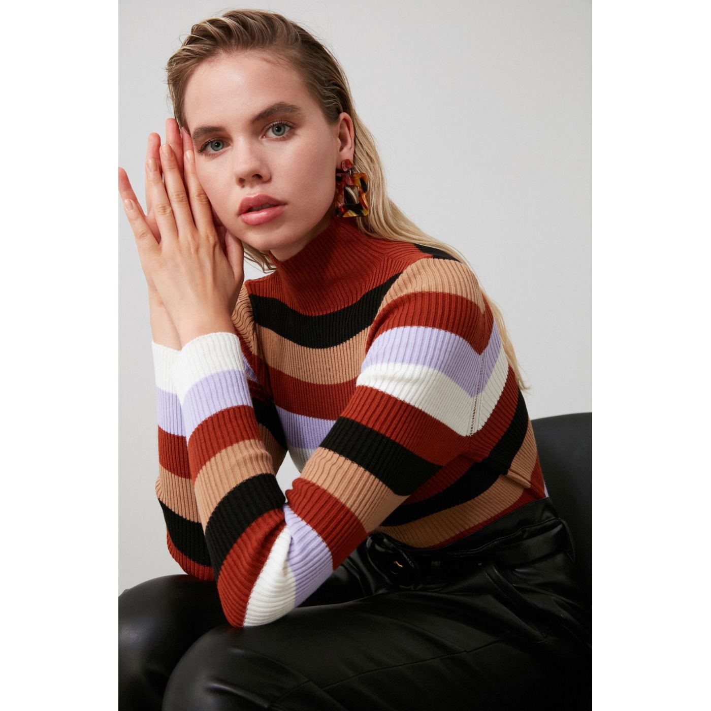 Trendyol Taba Striped Knit Sweater