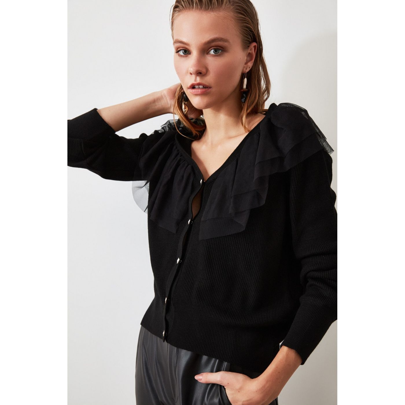 Trendyol Black Tulle Detailed Knitwear Cardigan