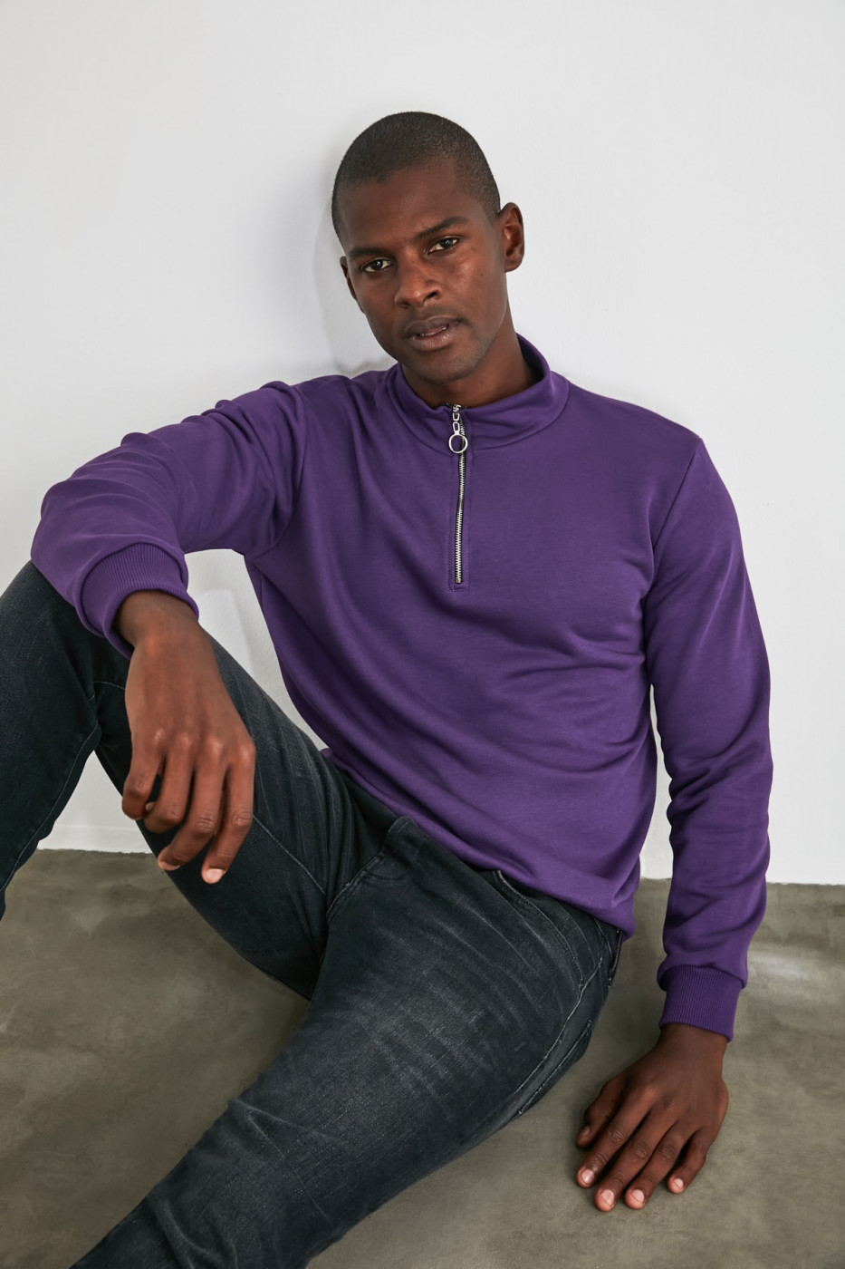 Trendyol Purple Men's Zip-Up Stand-Up Regular Sweatshirt