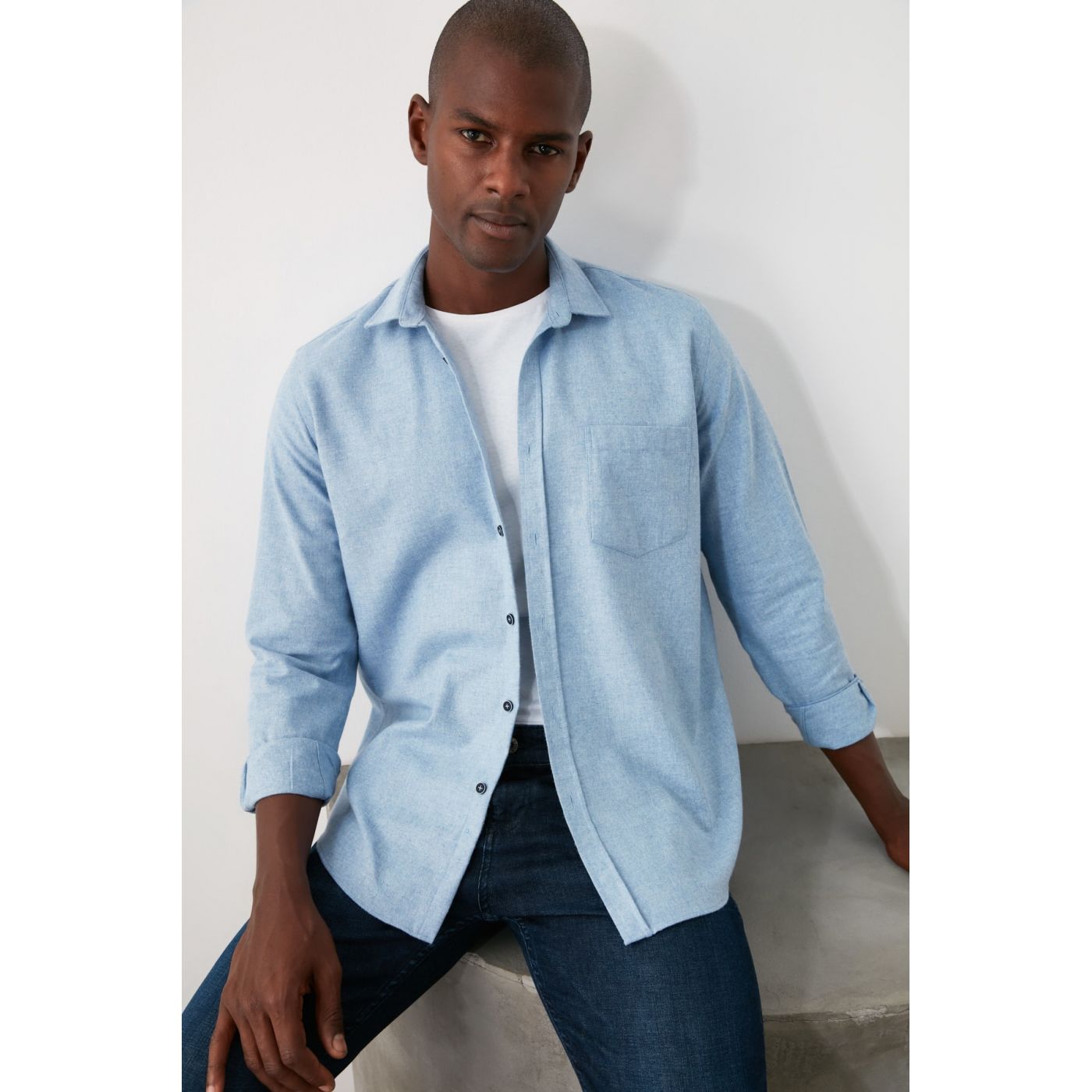 Trendyol Blue Men's Single Pocket Regular Shirt