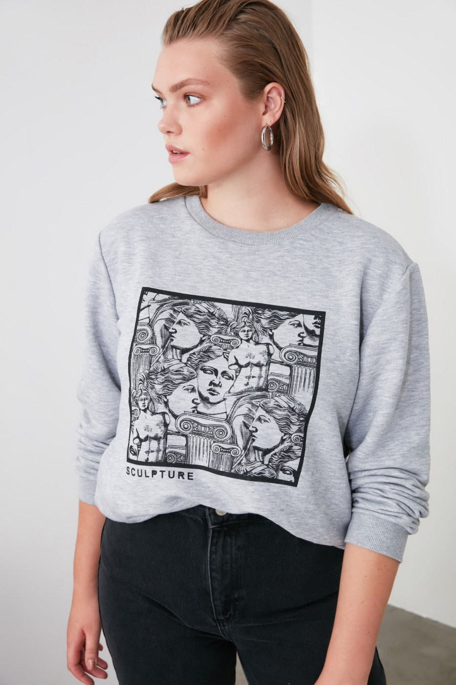 Trendyol Gray Printed Basic Knitted Sweatshirt