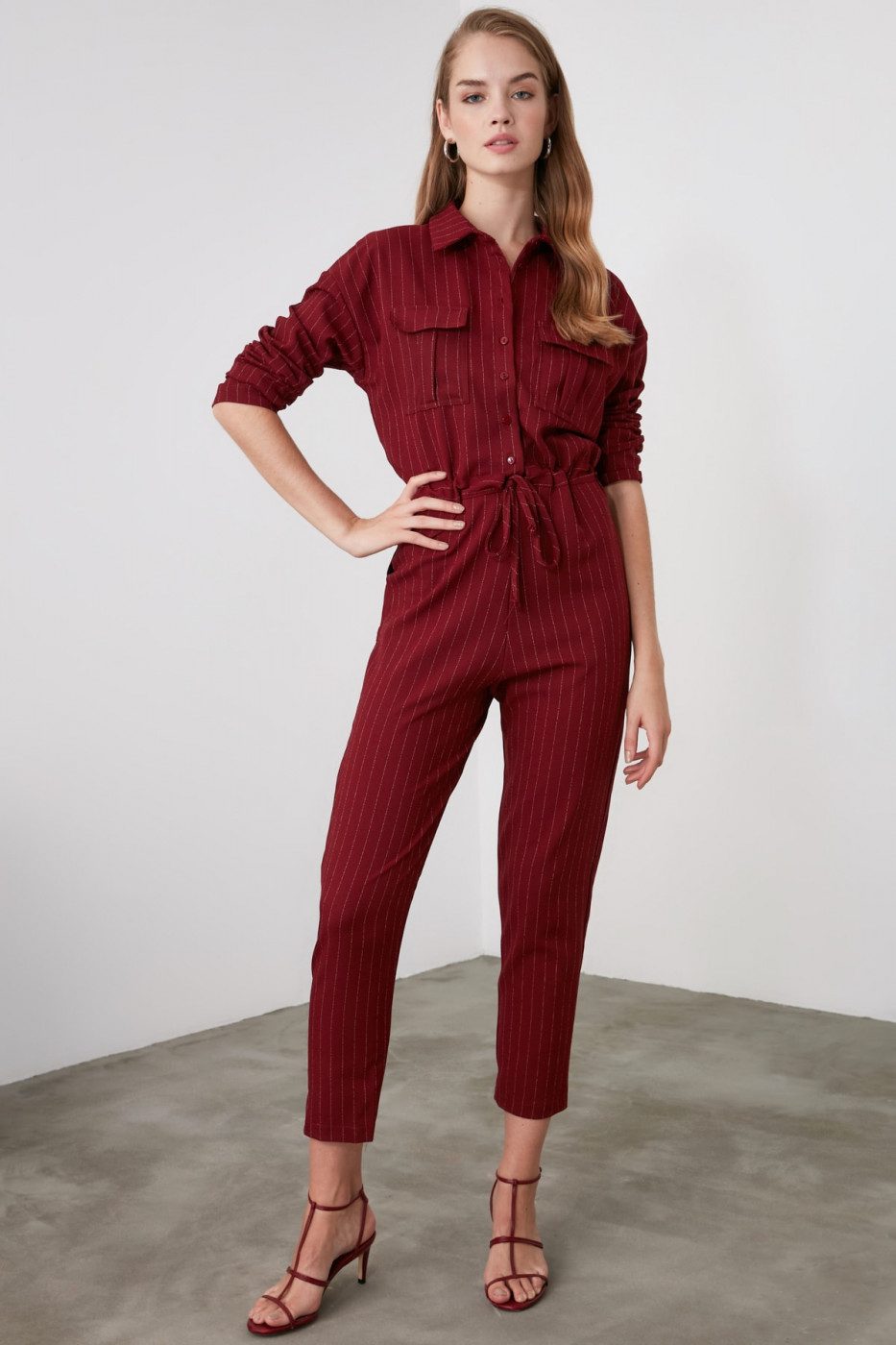 Trendyol Burgundy Striped Fastening Detailed Jumpsuit