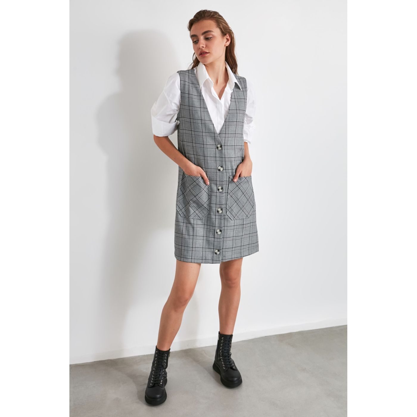 Trendyol Gray Button Edile Dress