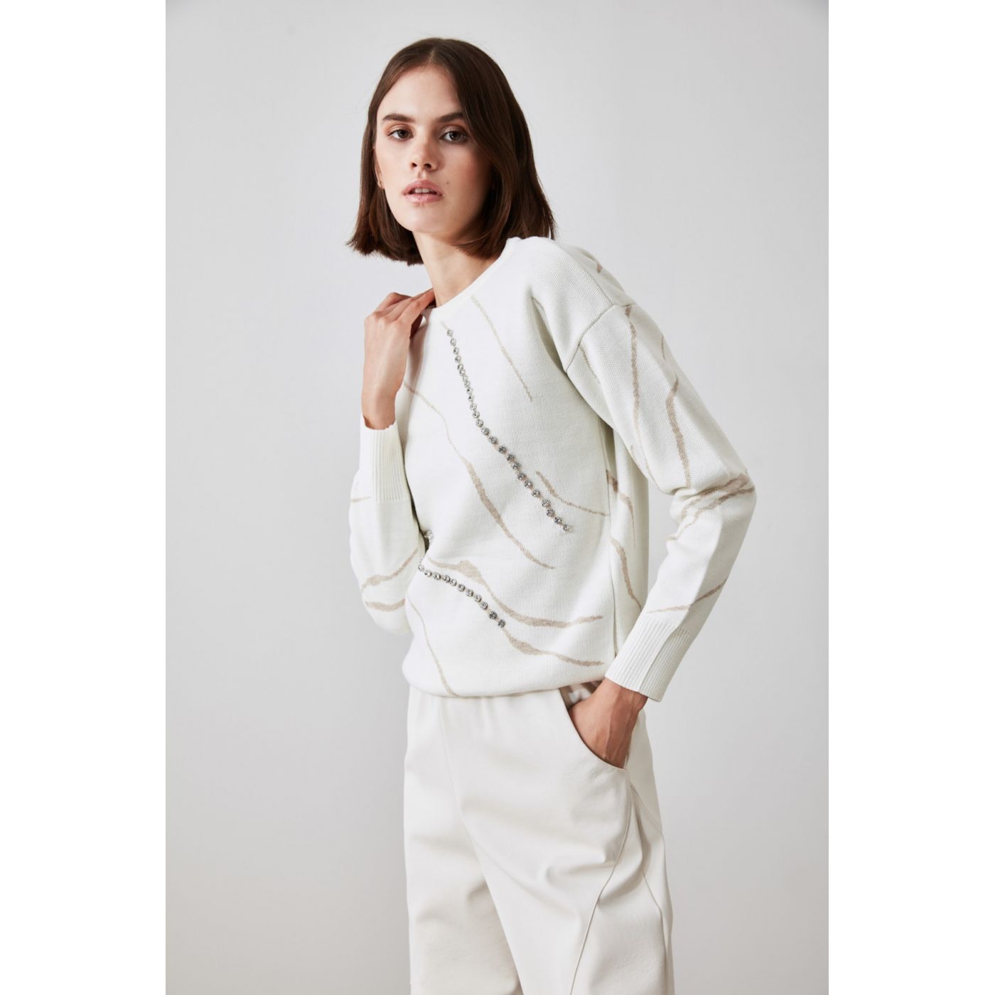 Trendyol Ekru Jacquard Stone Detailed Knitwear Sweater