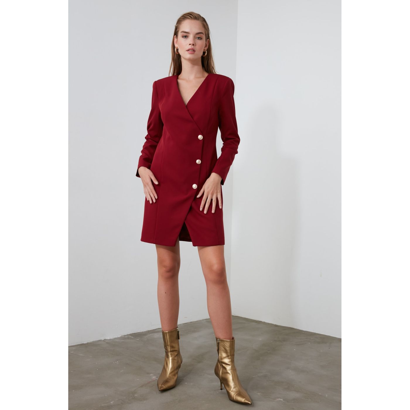 Trendyol Burgundy Button Detailed Jacket Dress